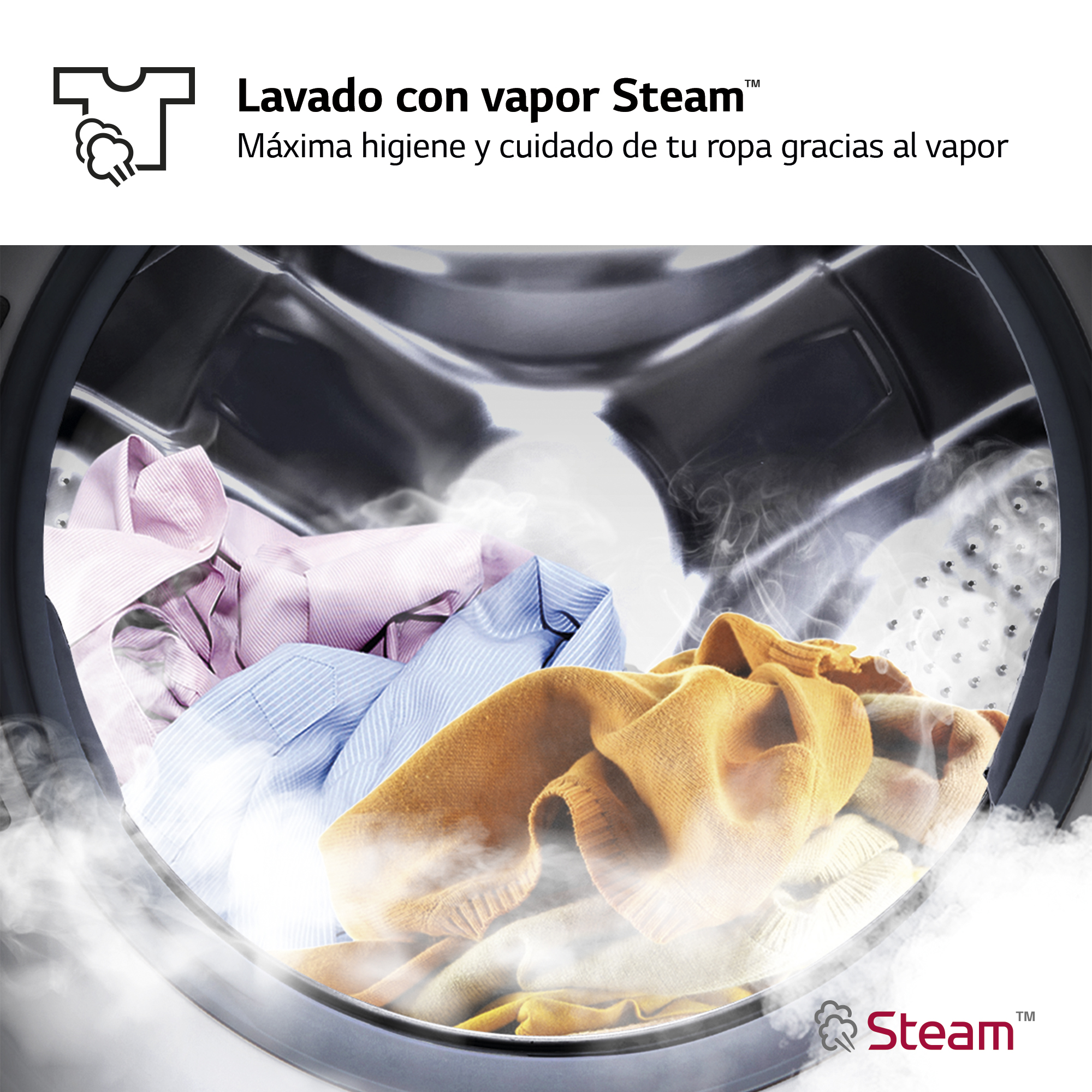 Tambor de lavadora lleno de ropa colorida, vapor ascendente. El texto dice 'Lavado a vapor'.