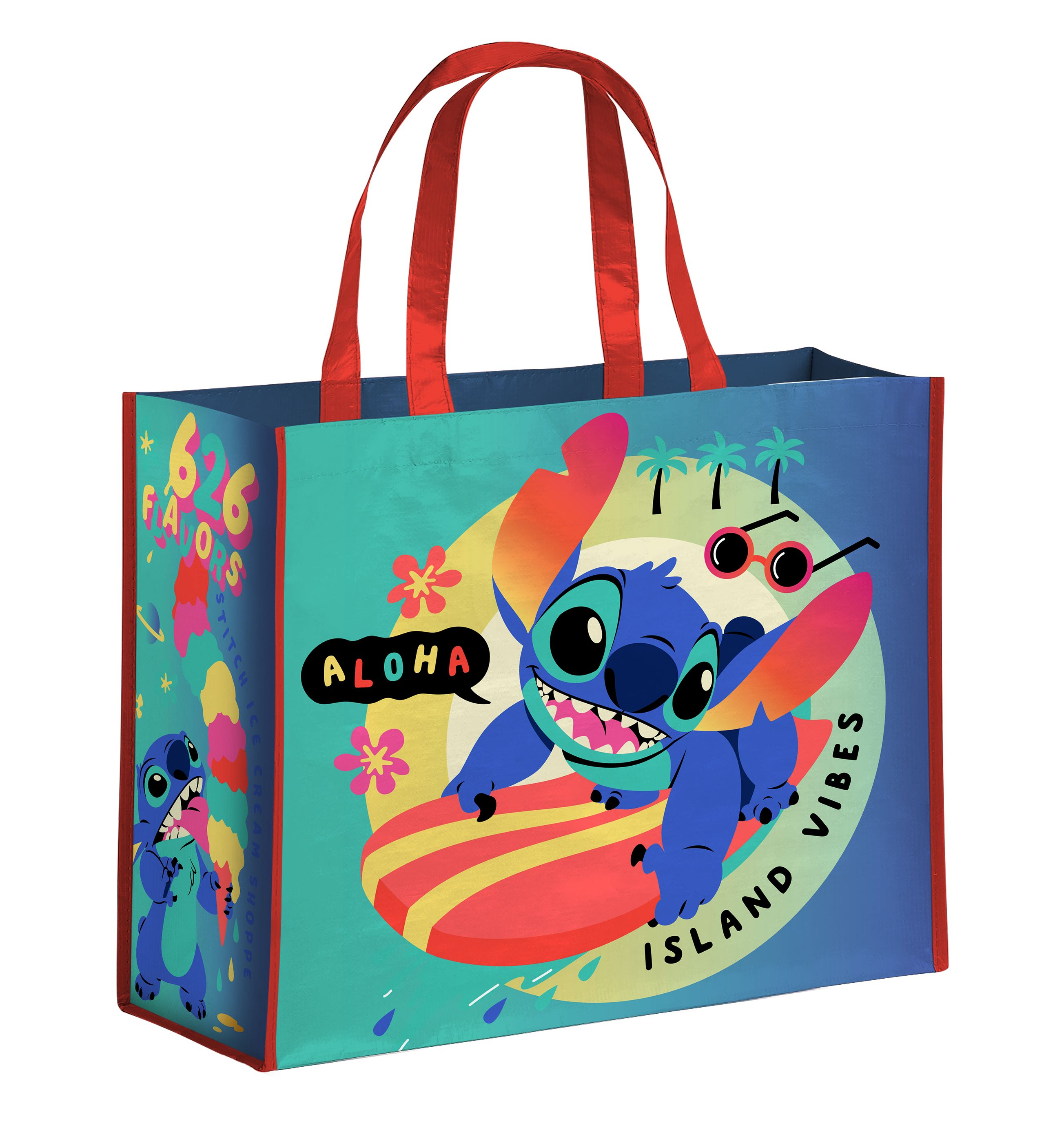 Stitch-Tasche mit Aloha-Text, surfender Stitch, Palmen und "Island Vibes" auf blau/grünem Hintergrund.