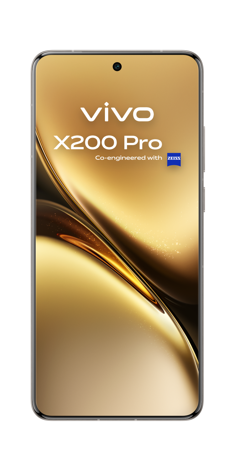 Parte frontal del teléfono: pantalla dorada, logo Vivo X200 Pro y cámara frontal.