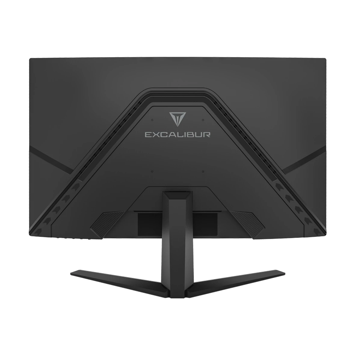 Siyah monitör arkası: Excalibur logosu, stand ve tasarım öğeleri.