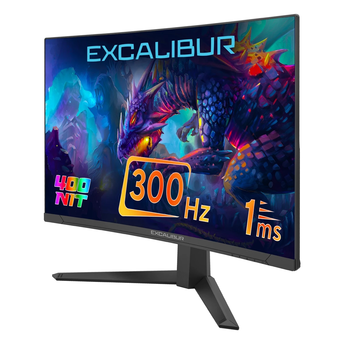 Siyah zemin üzerinde oyun monitörü. Bir ejderha grafiği ve istatistikler gösterir: 400 NIT, 300 Hz ve 1 ms.