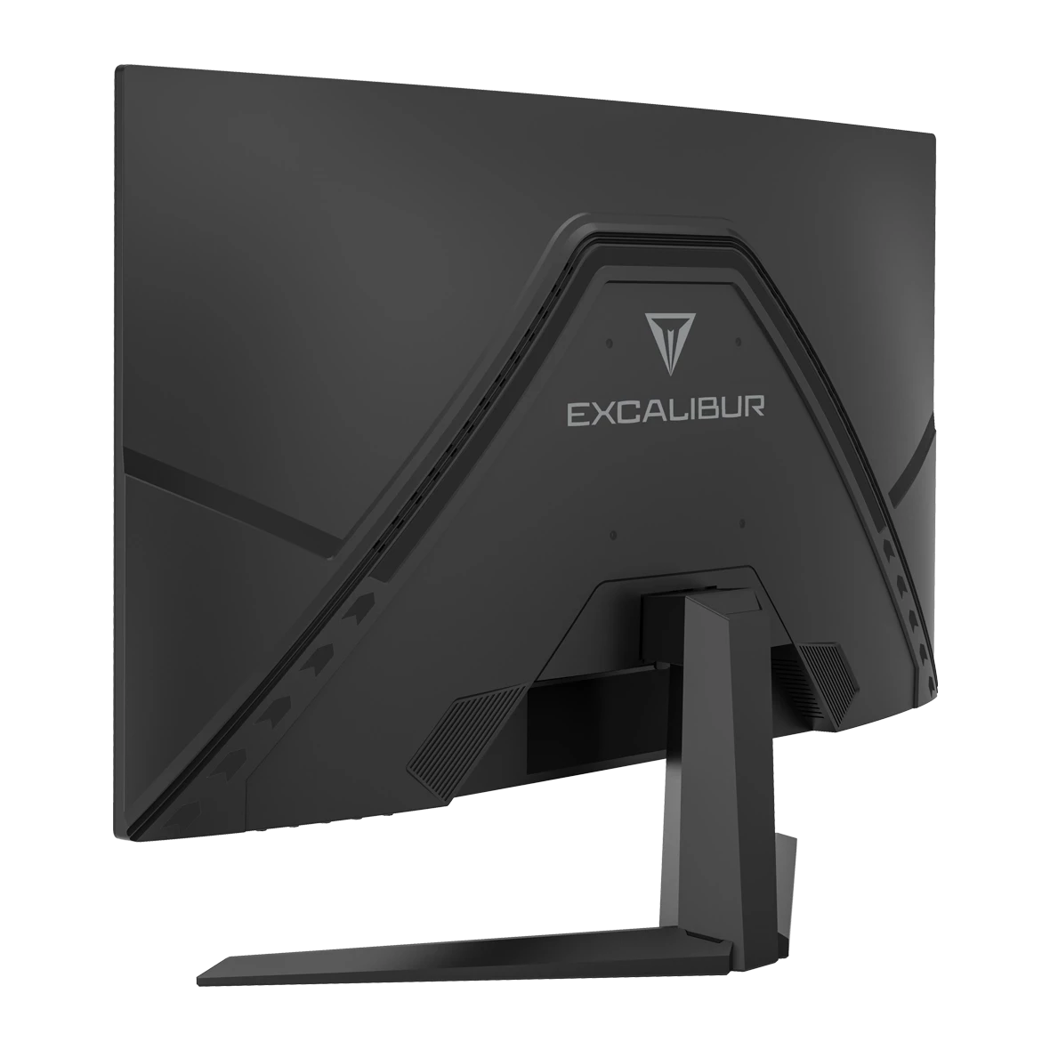 Excalibur logosu ve bir standı olan siyah bir monitörün arkası.