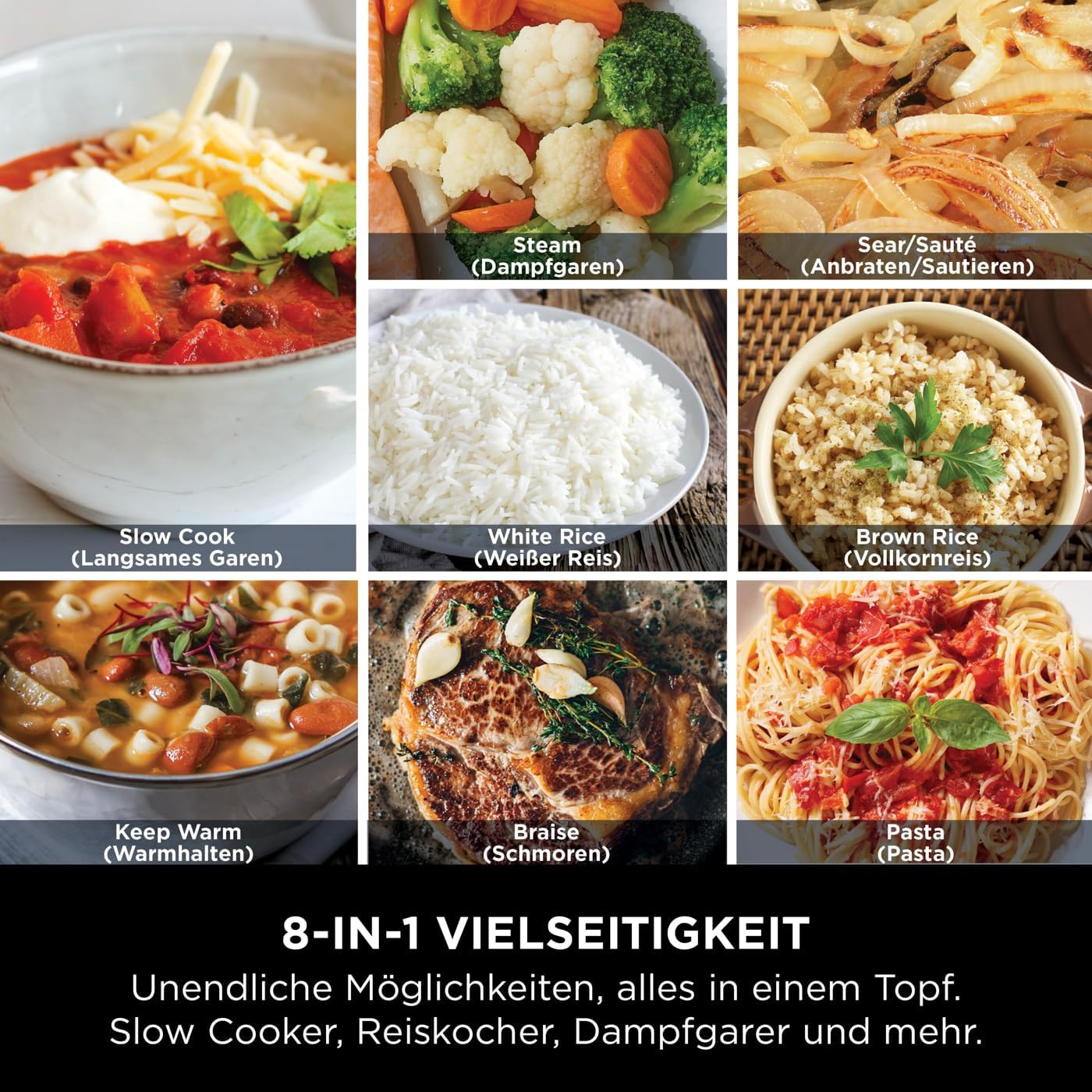 Eine Collage von gekochten Gerichten mit Textbeschreibungen auf Deutsch.