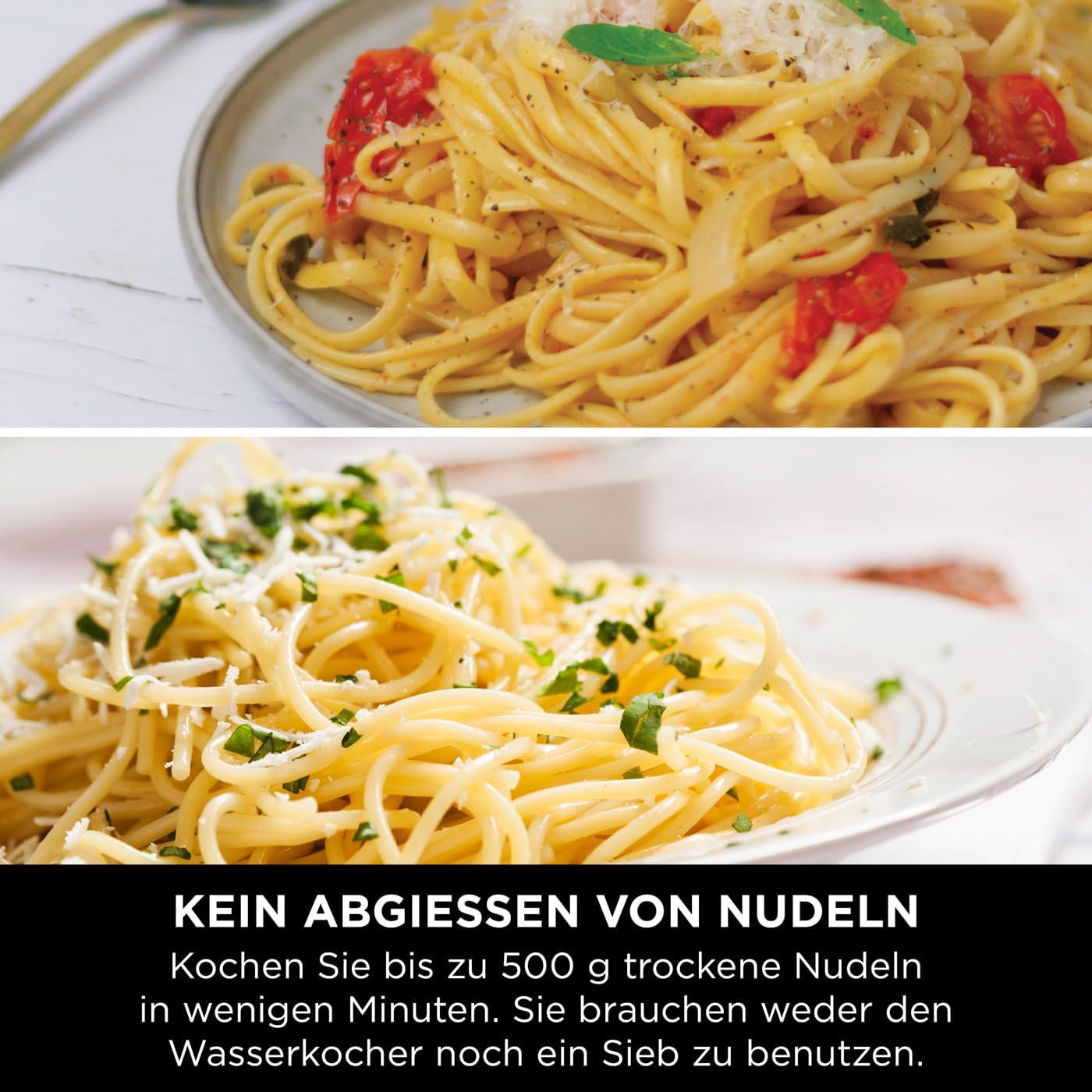 Zwei Teller Pasta mit Tomaten und Käse. Text: Nudeln nicht abgießen. Bis zu 500g in Minuten kochen.