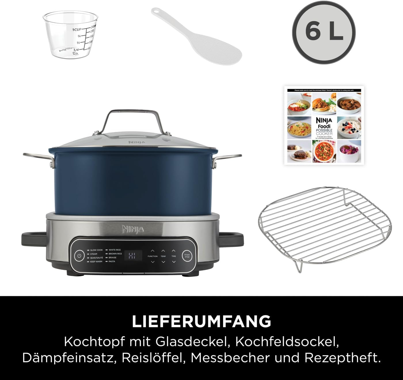 Ninja Foodi Topf mit Zubehör: Dampfgarer, Löffel, Messbecher, Rezeptbuch und Gestell.