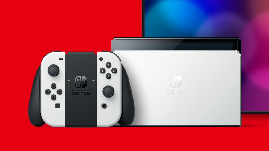 Konsola Nintendo Switch z biało-czarnymi kontrolerami. Obok biała stacja dokująca. Czerwone tło z ekranem z tyłu.