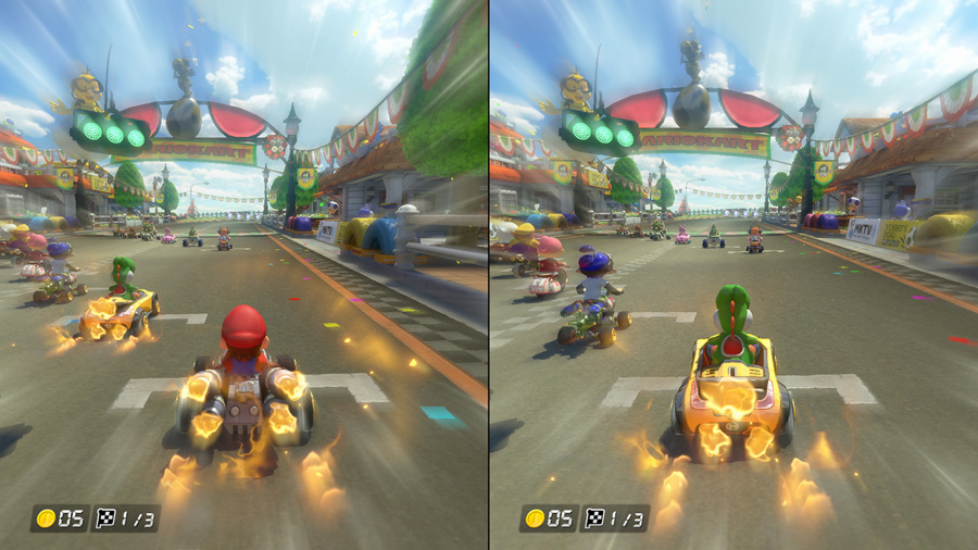 Wyścig Mario Kart z wieloma gokartami na miejskim torze. Niebo jest niebieskie, a scena jest żywa, z jasną atmosferą.