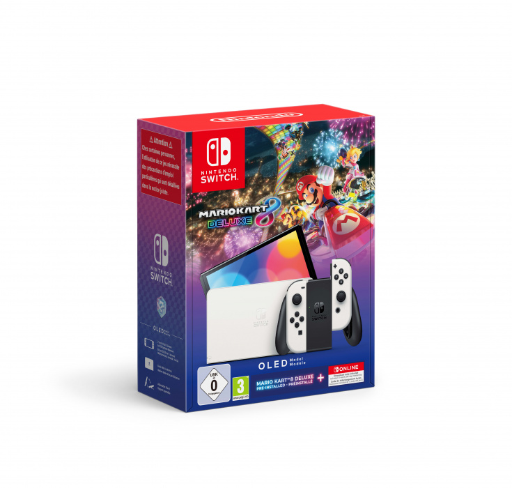 Pudełko Nintendo Switch OLED Mario Kart 8 Deluxe. Zawiera konsolę, kontrolery i grafikę gry. Biało-czarny.