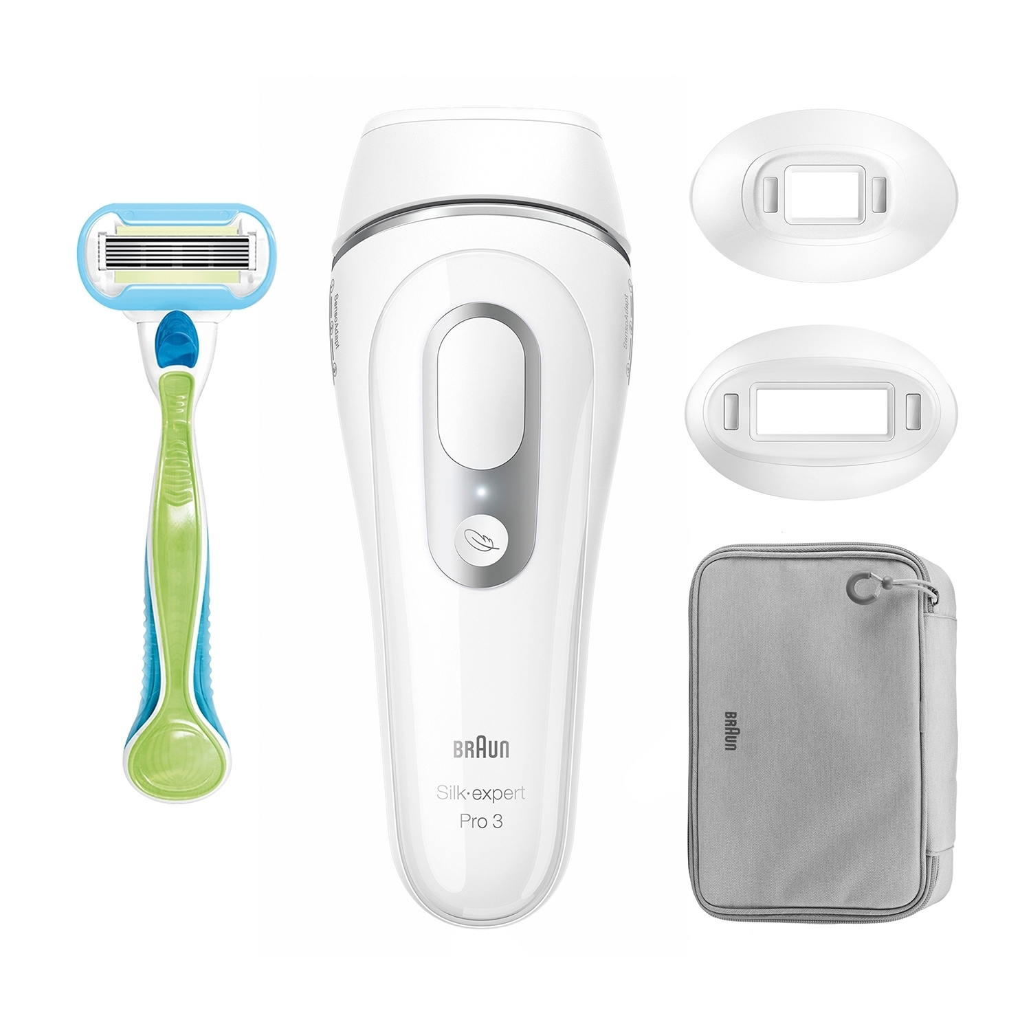 Epilatore Braun bianco, rasoio e accessori su superficie bianca.