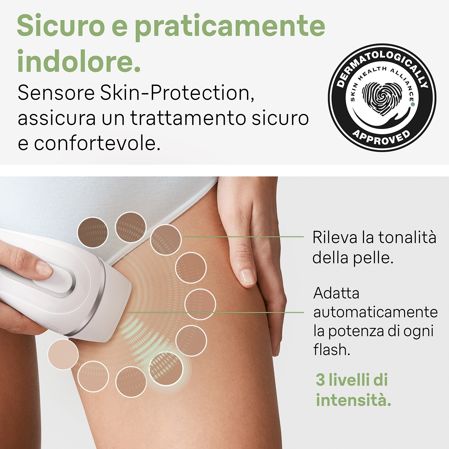 Donna che usa epilatore sulla gamba; sensore protezione pelle e altro.