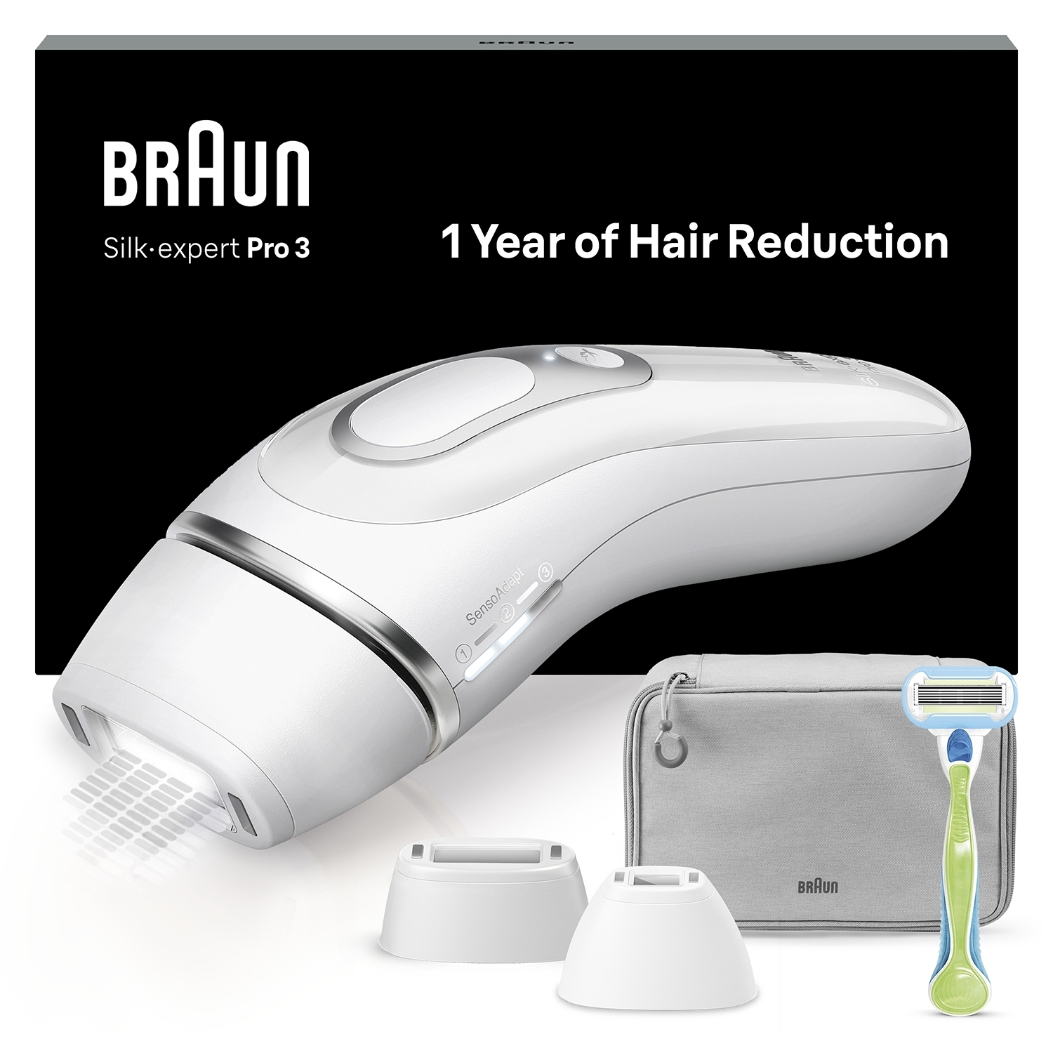 Dispositivo Braun Silk-expert Pro 3 con accessori e confezione.