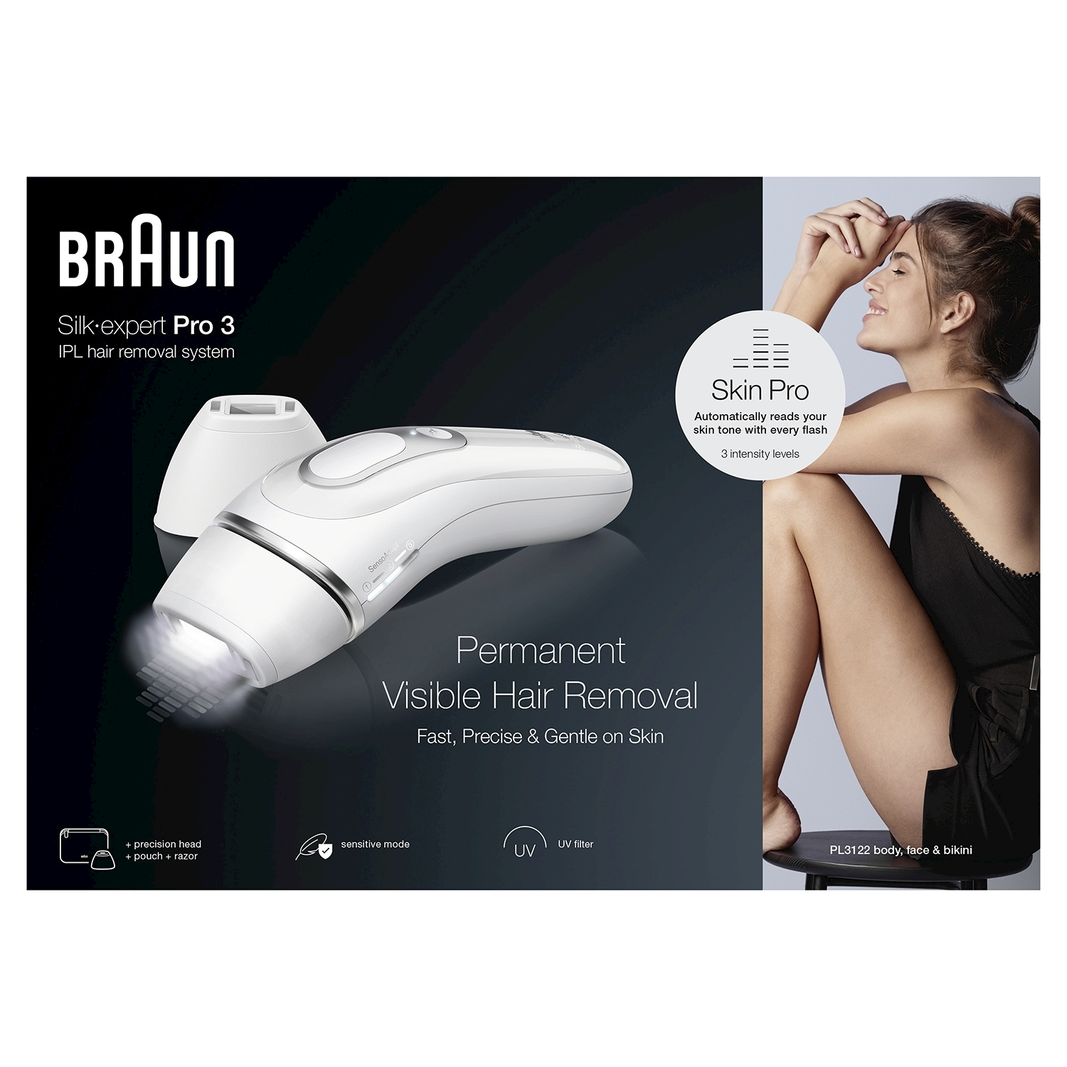 Donna che usa Braun Silk-expert Pro 3 per la rimozione permanente dei peli.