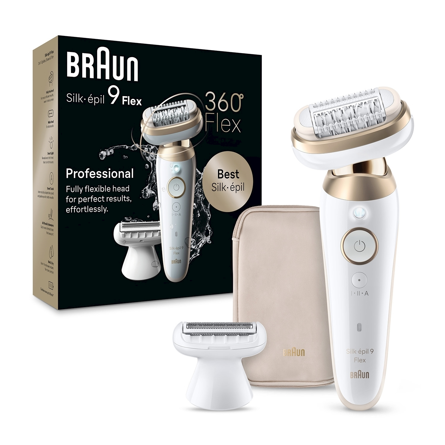 Epilatore Braun Silk-épil 9 Flex con accessori e scatola su sfondo bianco.