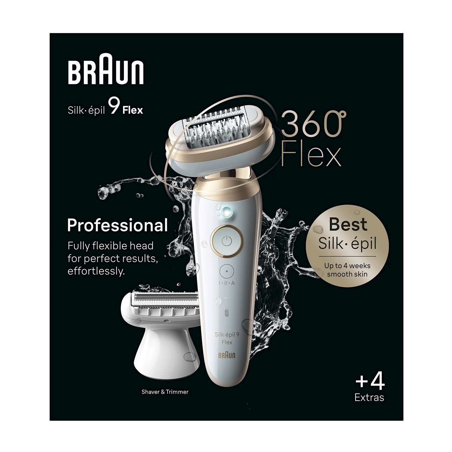 Epilatore bianco e oro con spruzzi d'acqua. Il testo dice 'Silk-épil 9 Flex' e '360° Flex'.