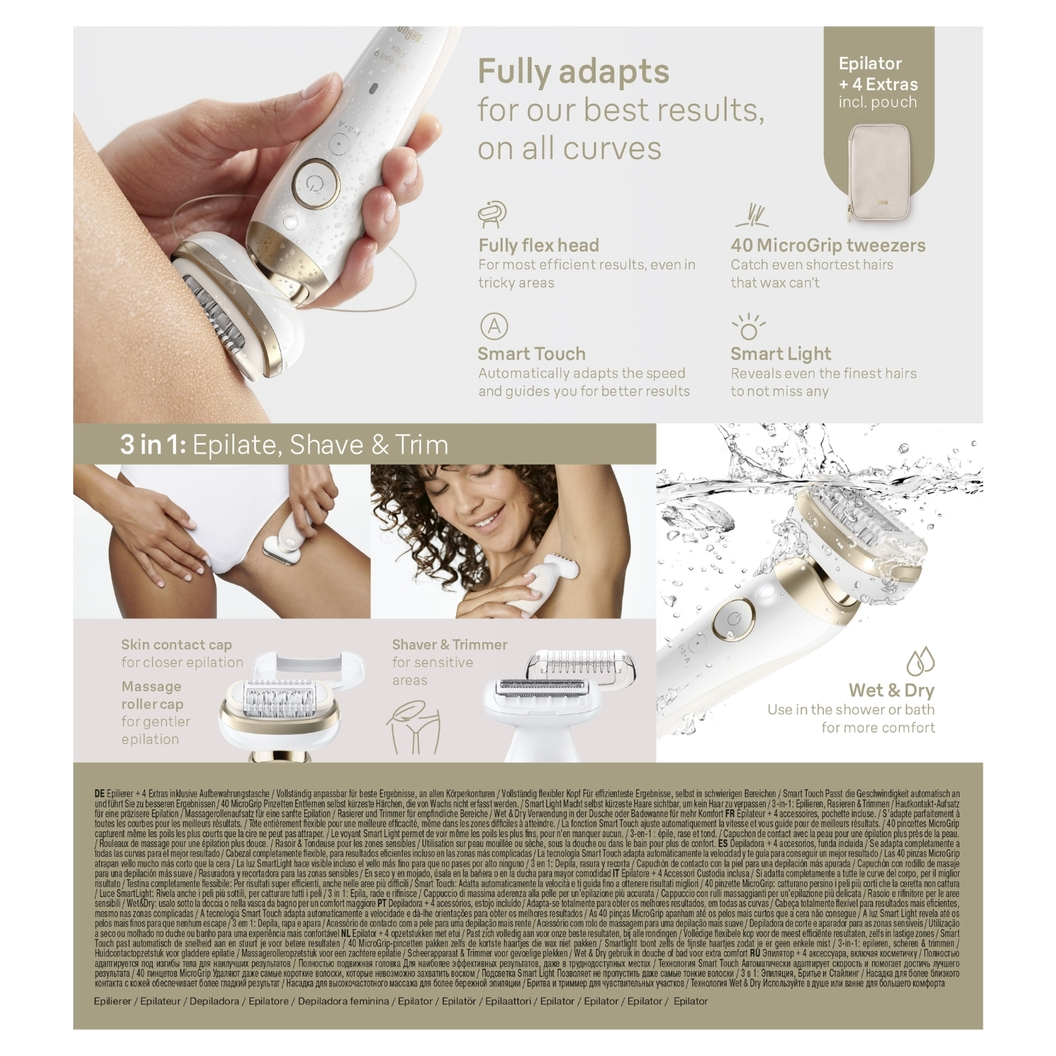 Un epilatore Braun Silk-épil 9 bianco con accessori extra in una pochette.