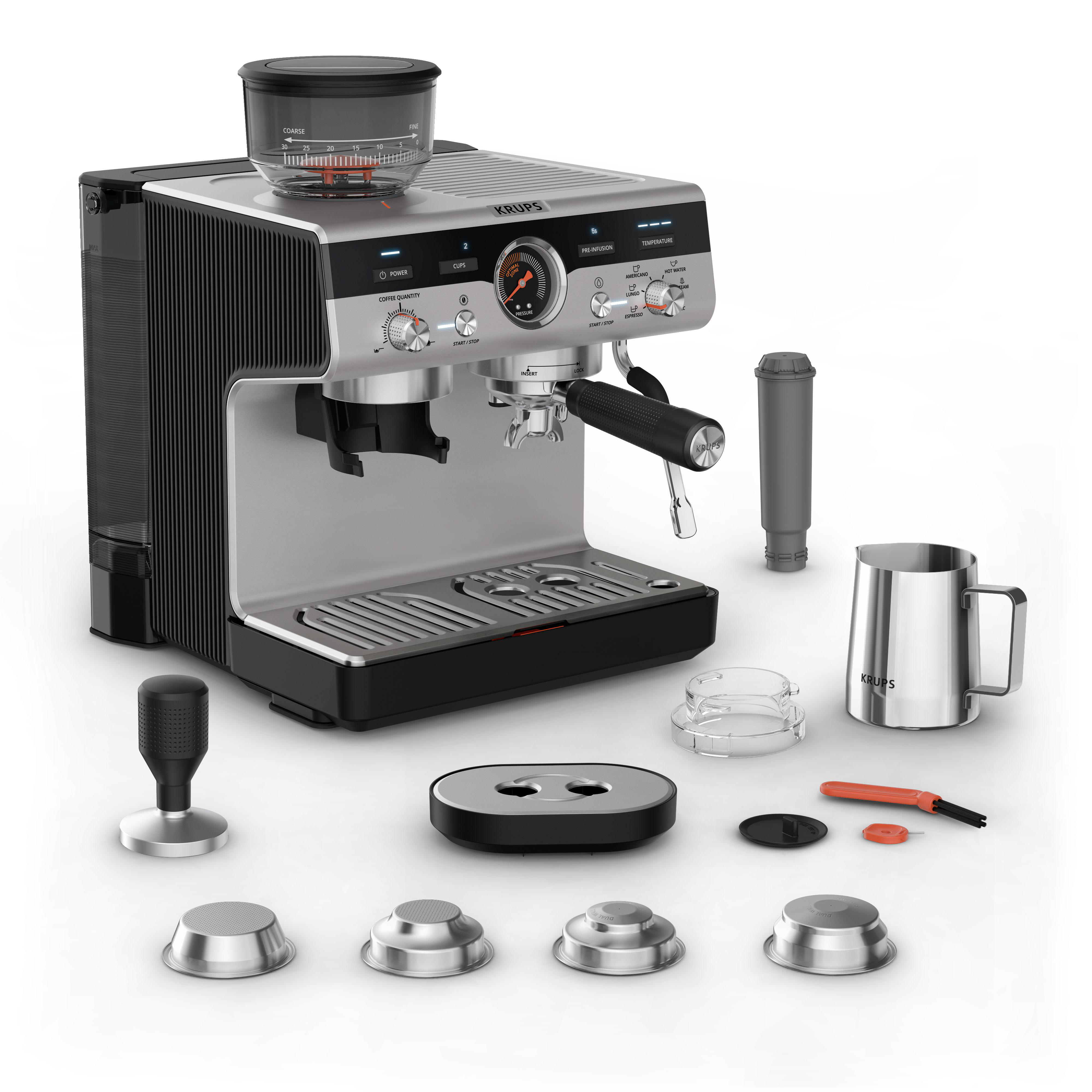 Kaffeemaschine mit Zubehör. Enthält Mahlwerk, Tamper, Tassen und Reinigungsbürste. Weißer Hintergrund.