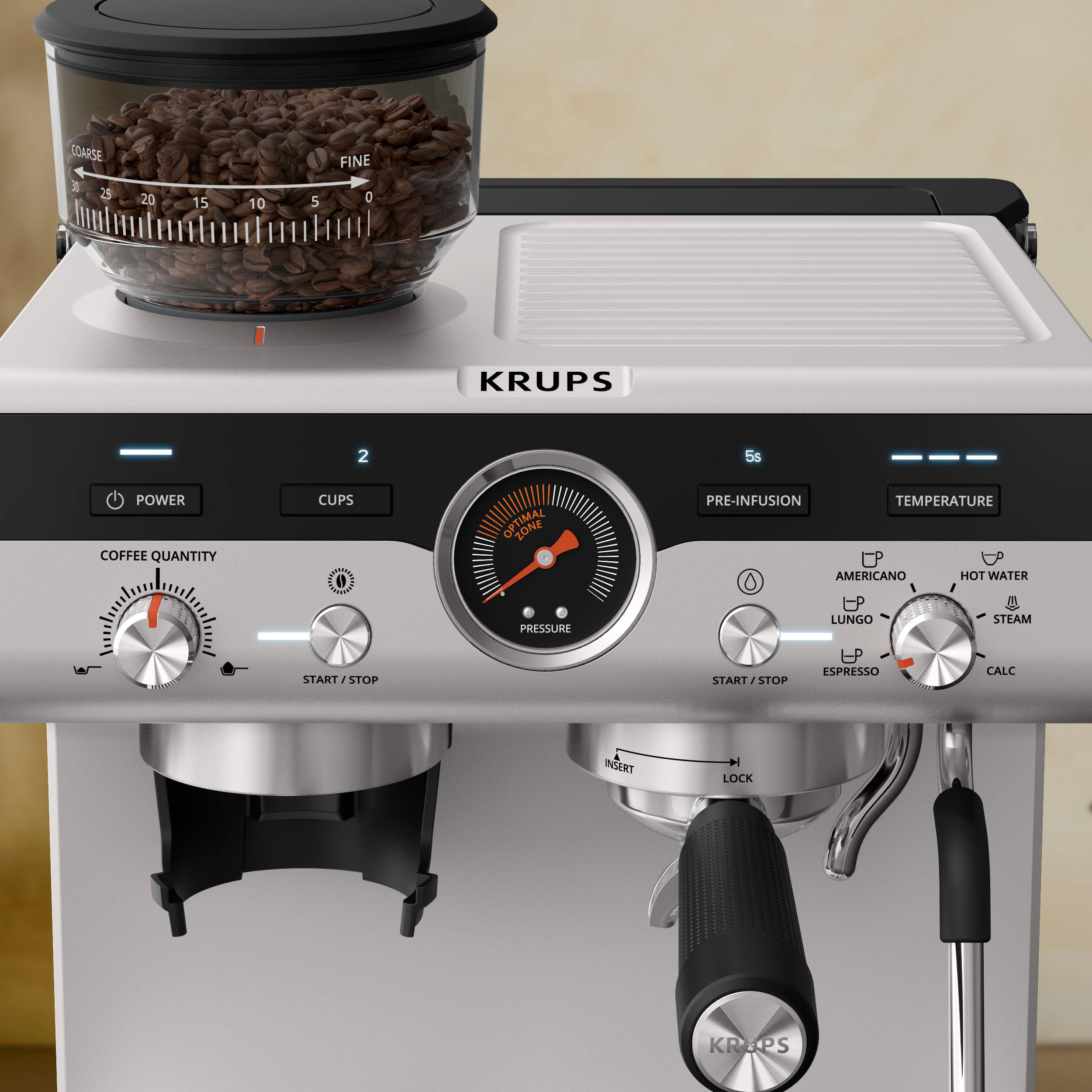 Nahaufnahme einer Krups Espressomaschine, zeigt Kaffee-Mengenregler, Manometer und Wahlschalter.