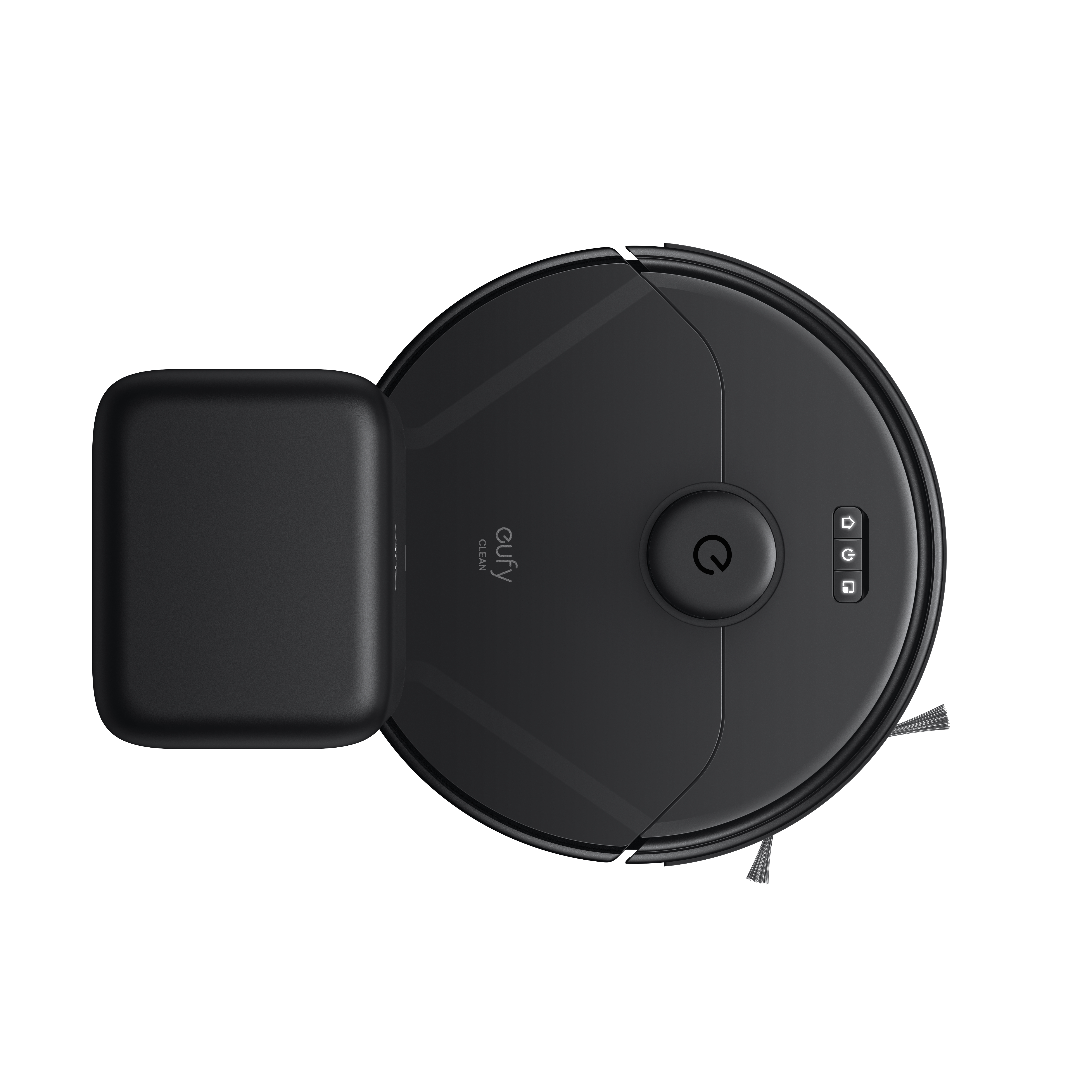 Ein schwarzer Roboter-Staubsauger mit quadratischem Aufsatz. Der Hintergrund ist weiß.