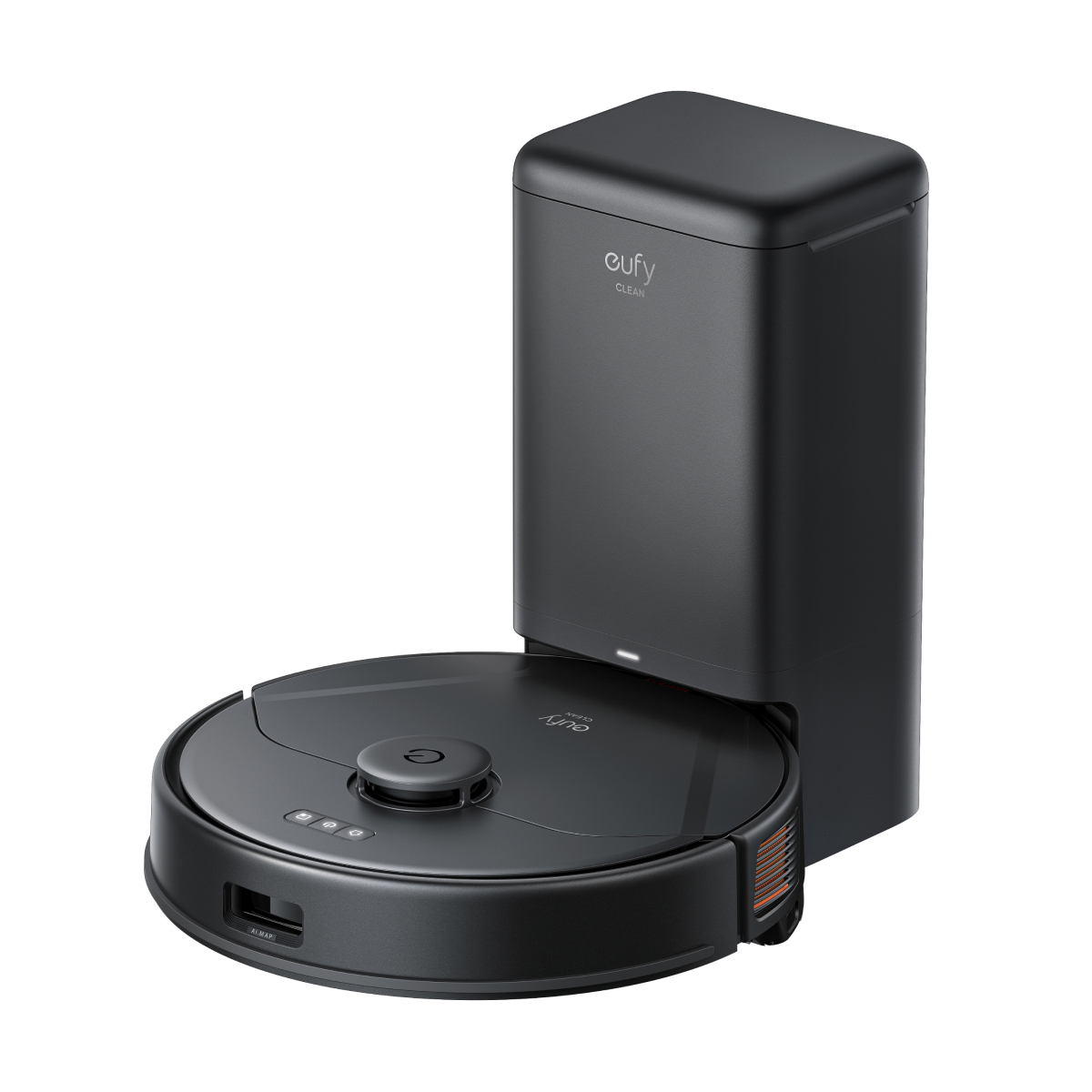 Schwarzer Eufy-Roboterstaubsauger mit Ladestation. Der Staubsauger ist rund und hat einen Knopf oben.