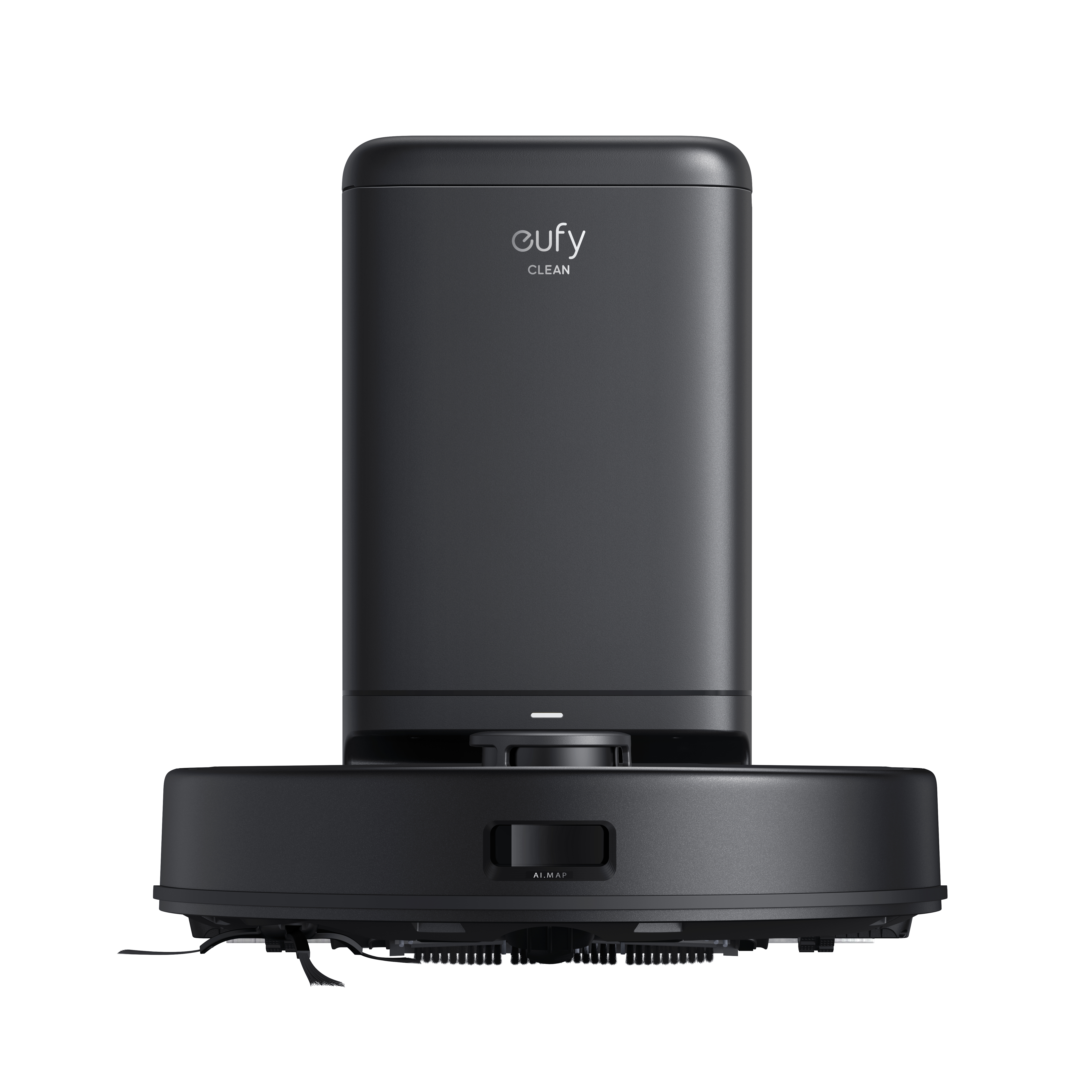 Schwarzer eufy-Roboter-Staubsauger auf weißem Hintergrund. Er hat eine hohe, rechteckige Basis und eine runde Reinigungseinheit.
