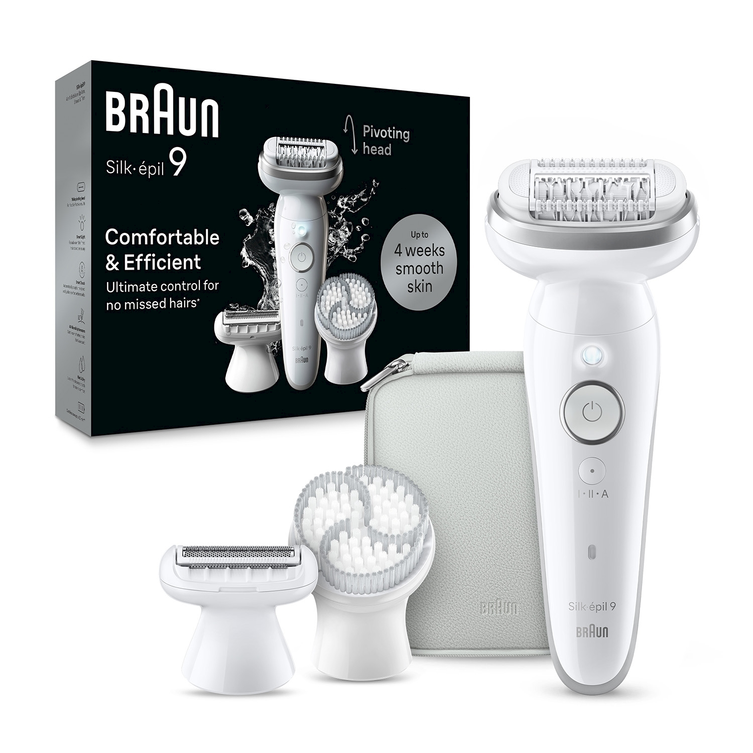 Un epilatore Braun Silk-épil 9 bianco e grigio con accessori e scatola.