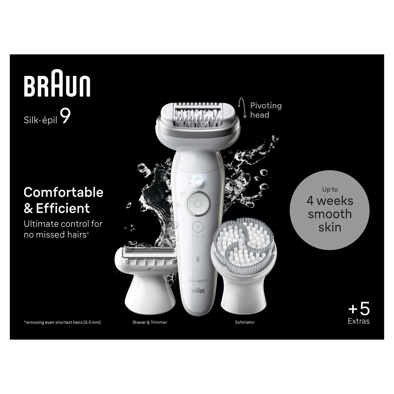 Epilatore Braun con tre accessori. Testo: 'Confortevole ed efficiente'. Sfondo bianco con gocce d'acqua.