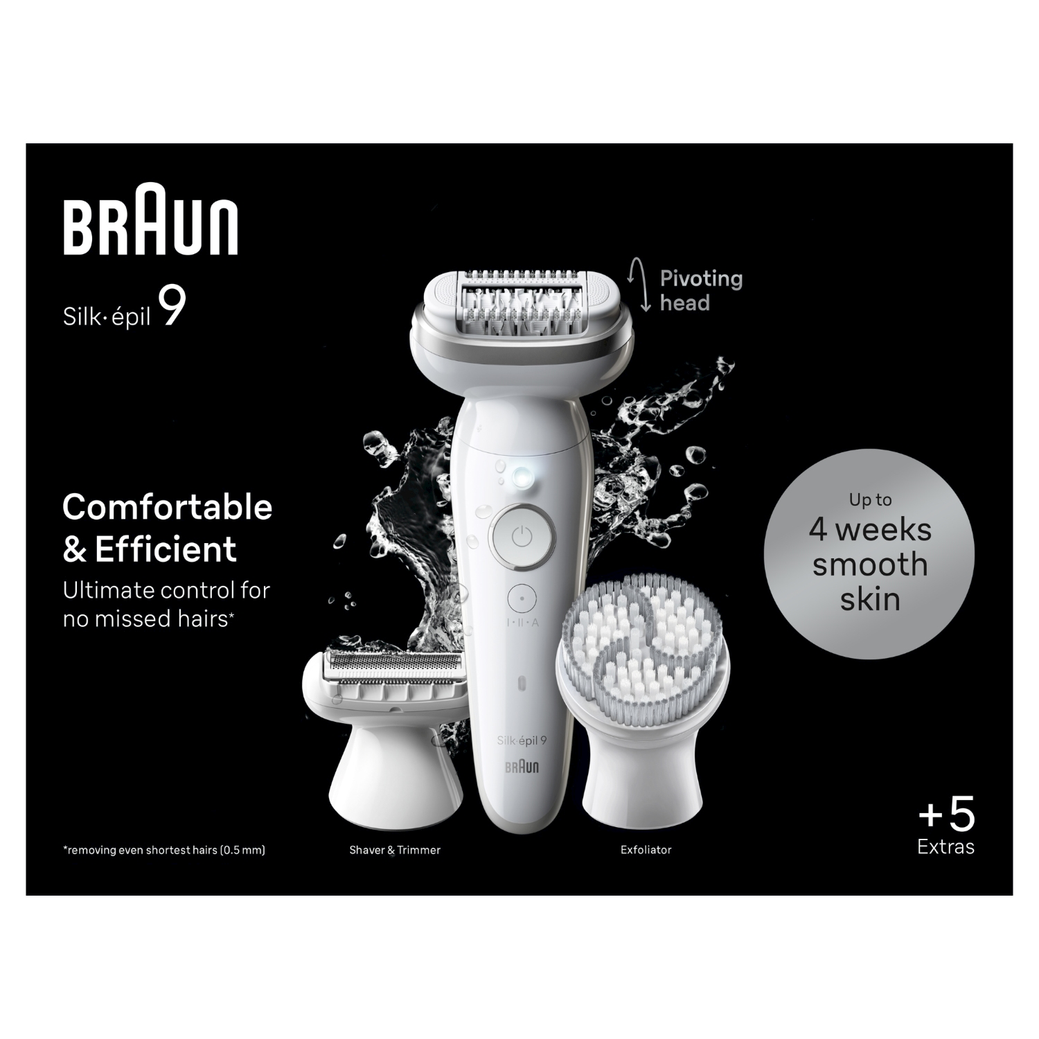 Epilatore Braun Silk-épil 9 Flex con accessori. Testo: Comodo ed Efficiente, Controllo ottimale.