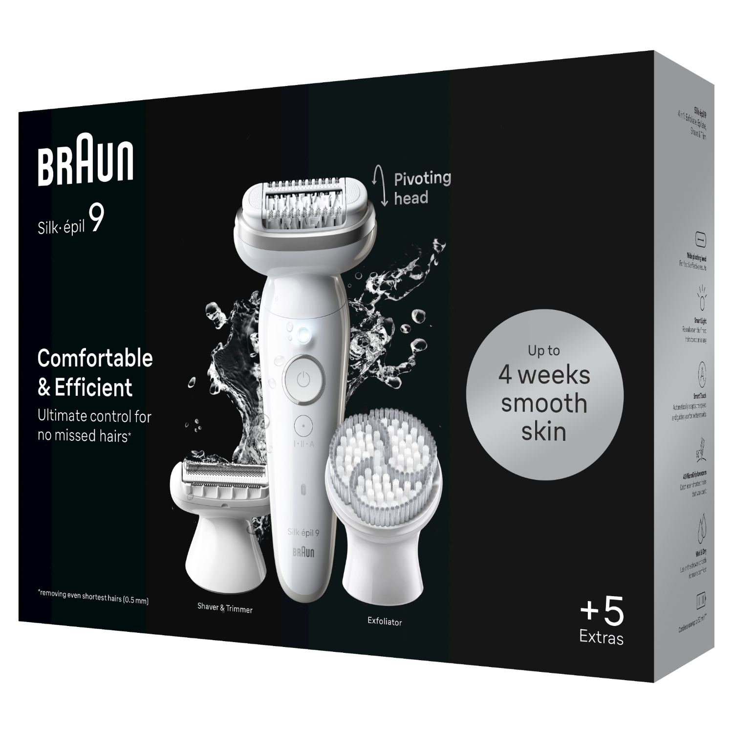 Epilatore Braun Silk-épil 9 con accessori, tra cui rasoio, rifinitore e spazzola esfoliante.