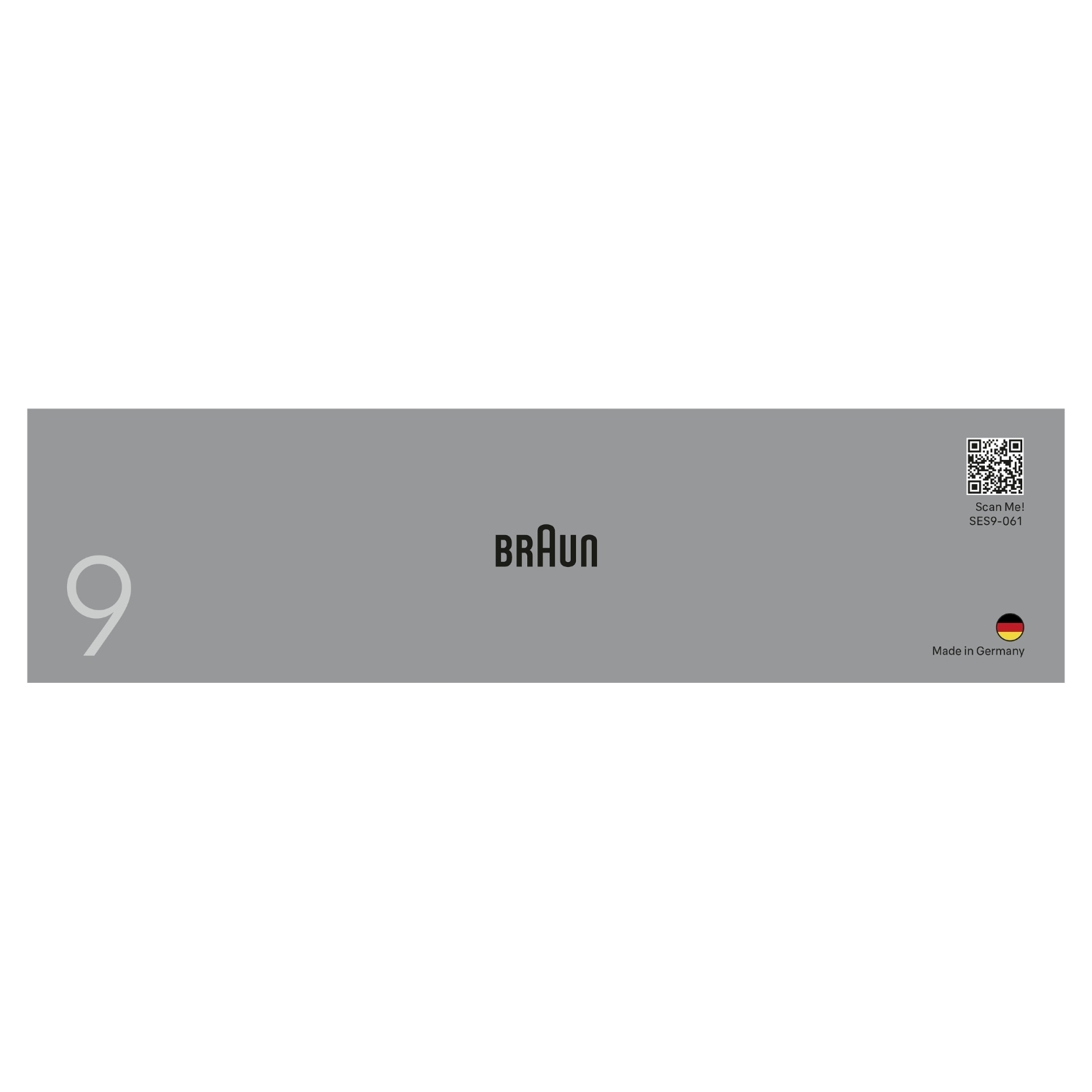 Scatola Braun grigia. Logo Braun. Testo: Made in Germany. Codice QR.