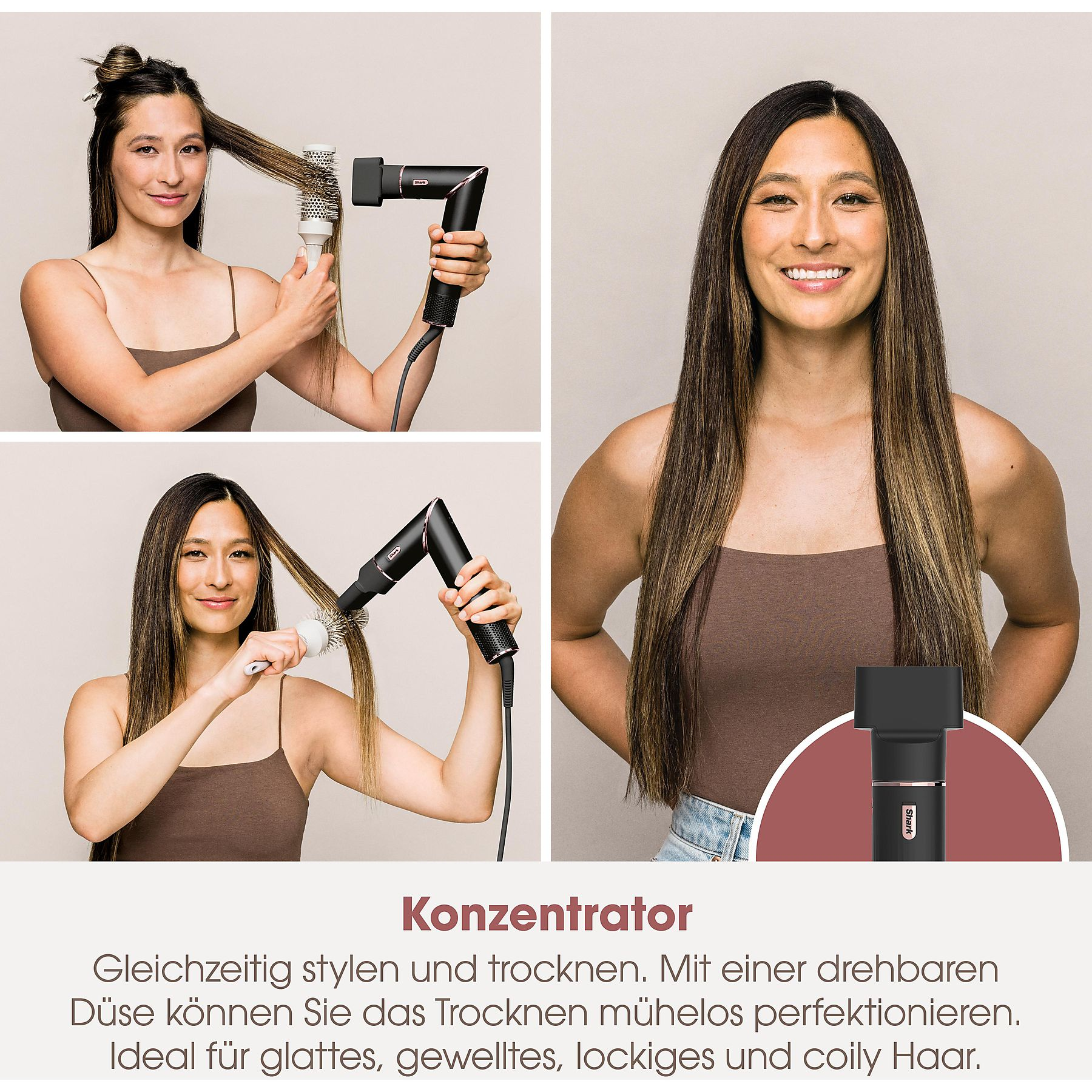 Eine Frau benutzt einen Haartrockner und eine Bürste. Das Bild zeigt das Produkt und das Haar der Frau. Text: Konzentrator.