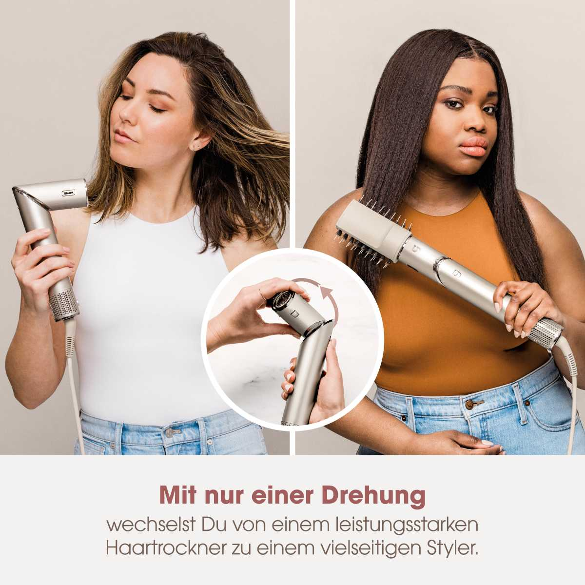 Zwei Frauen mit Haarstyling-Werkzeugen. Eine benutzt einen Fön, die andere einen Styler. Nahaufnahme zeigt einen rotierenden Abschnitt.