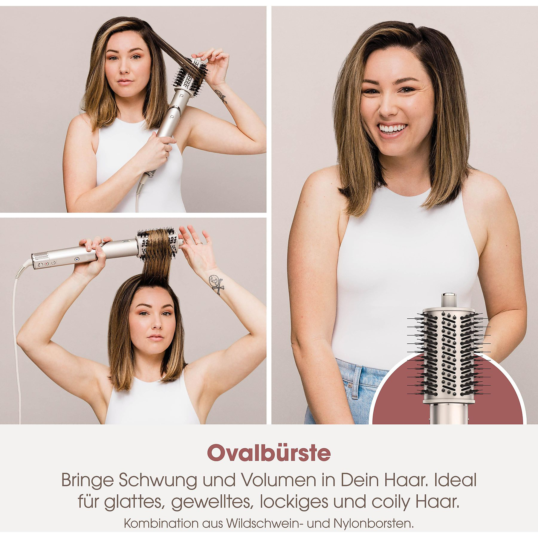 Eine Frau benutzt eine Haarbürste. Das Bild zeigt drei verschiedene Ansichten, wie sie die Bürste zum Stylen ihrer Haare benutzt.