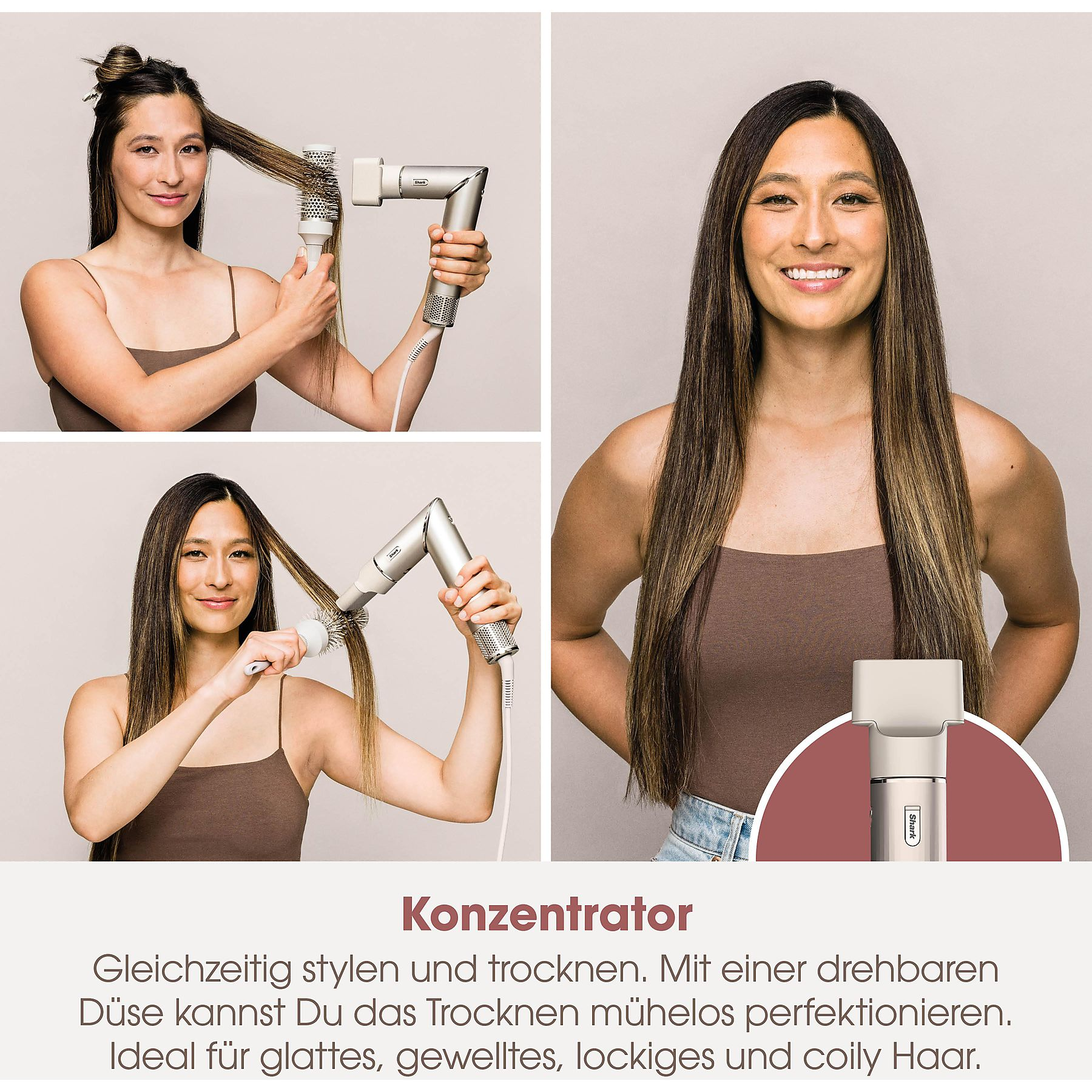 Frau, die ihre Haare mit einem Fön und einer Bürste stylt. Das Bild zeigt die Frau bei der Anwendung.