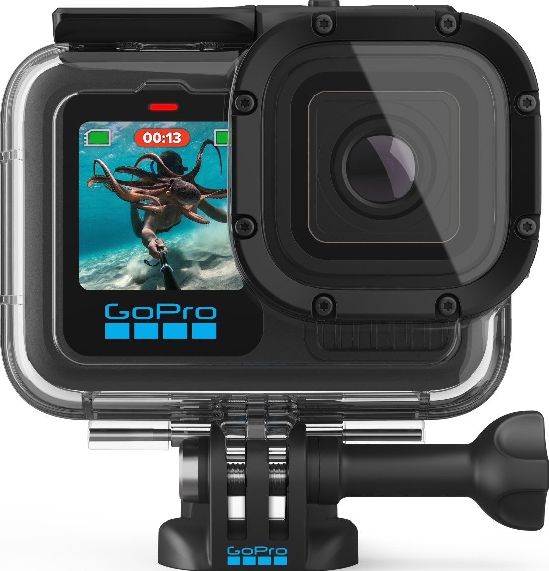 GoPro-Kamera in wasserdichtem Gehäuse, die einen Taucher unter Wasser zeigt.