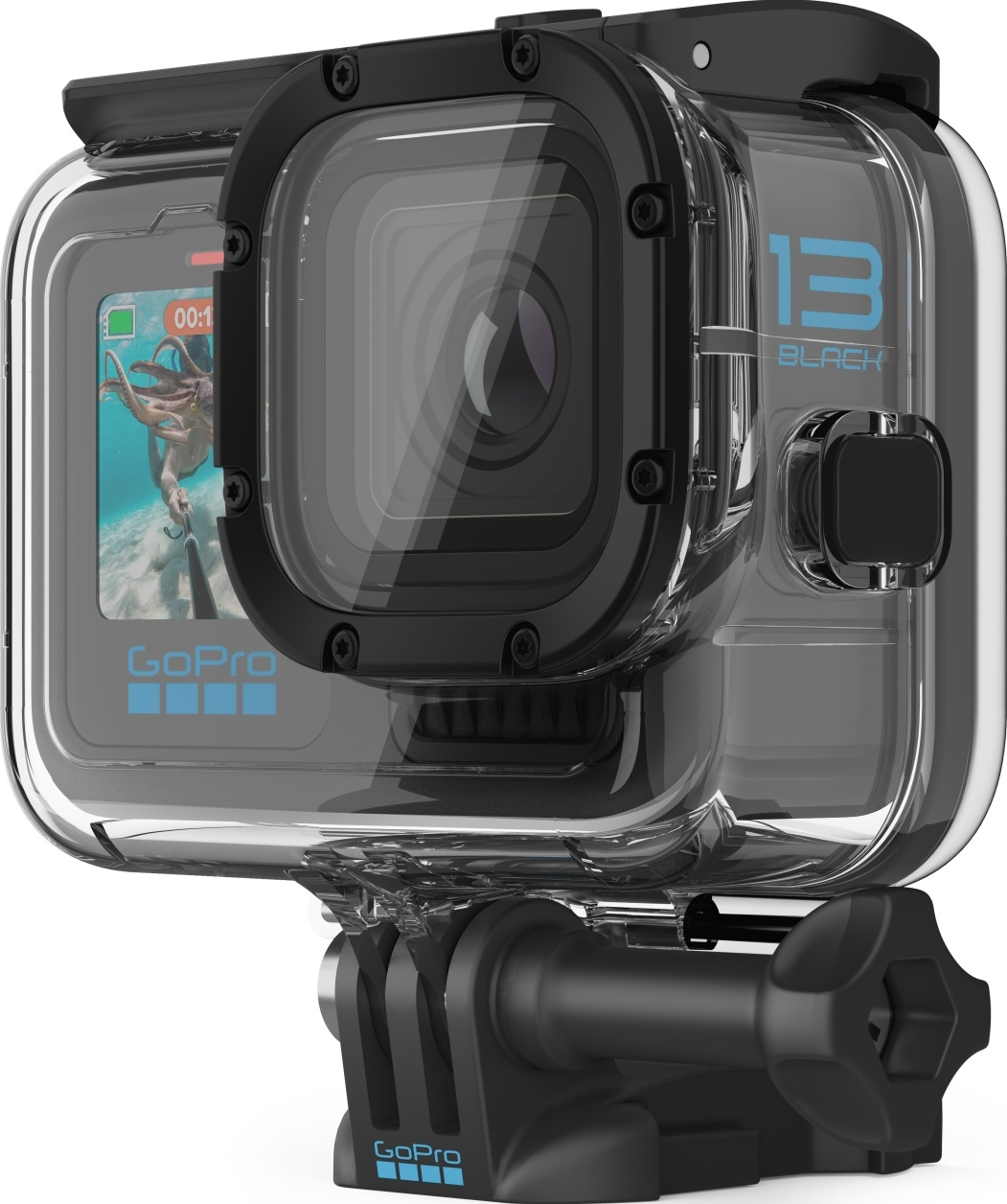 GoPro-Kamera in wasserdichtem Gehäuse, zeigt den Bildschirm der Kamera.