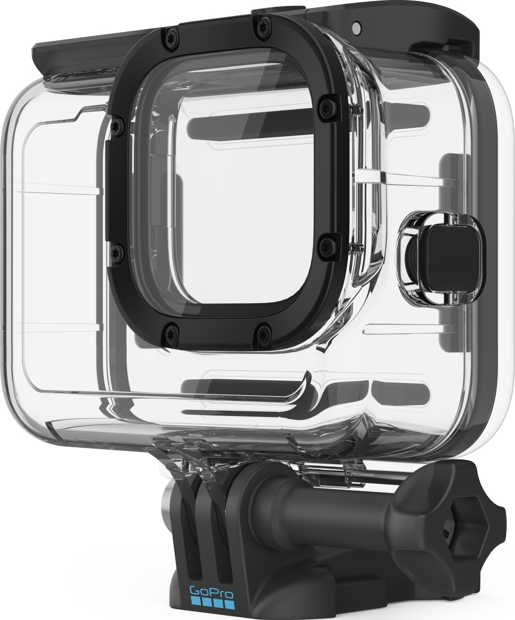 Eine transparente GoPro-Schutzhülle mit schwarzem Rahmen und Halterung.