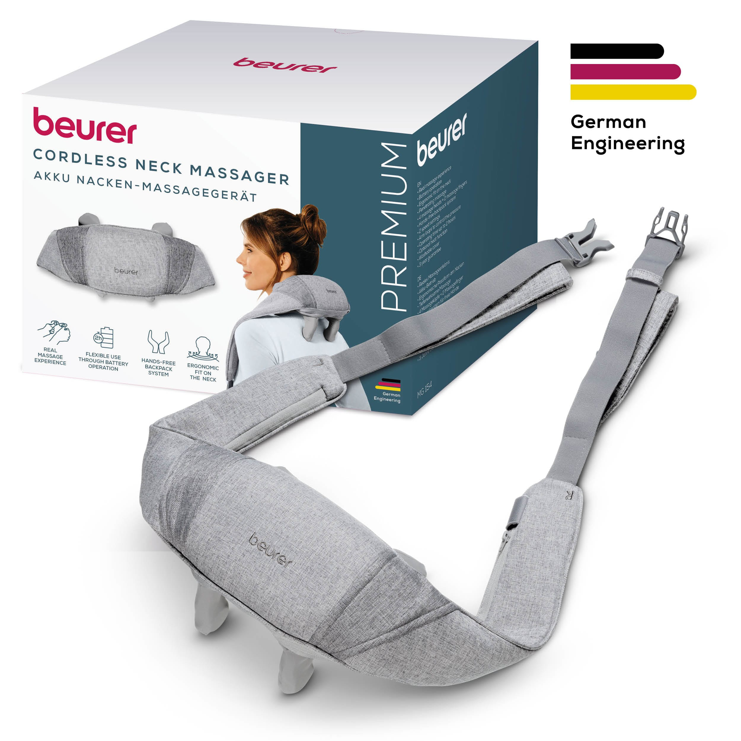 Masseur de cou en boîte avec femme, sangles et texte 'German Engineering'.