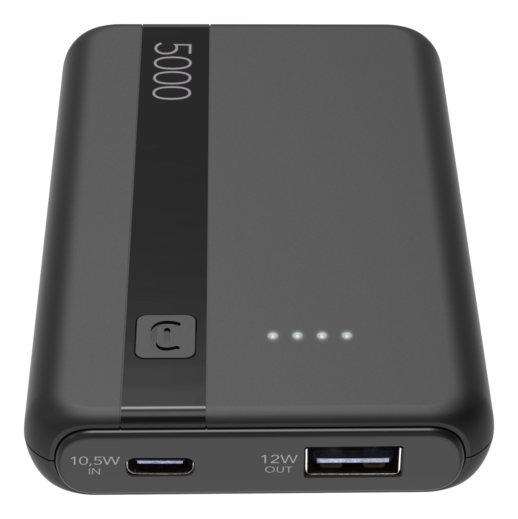 Schwarze 5000 mAh Powerbank mit USB-C- und USB-A-Anschluss auf schwarzem Hintergrund.