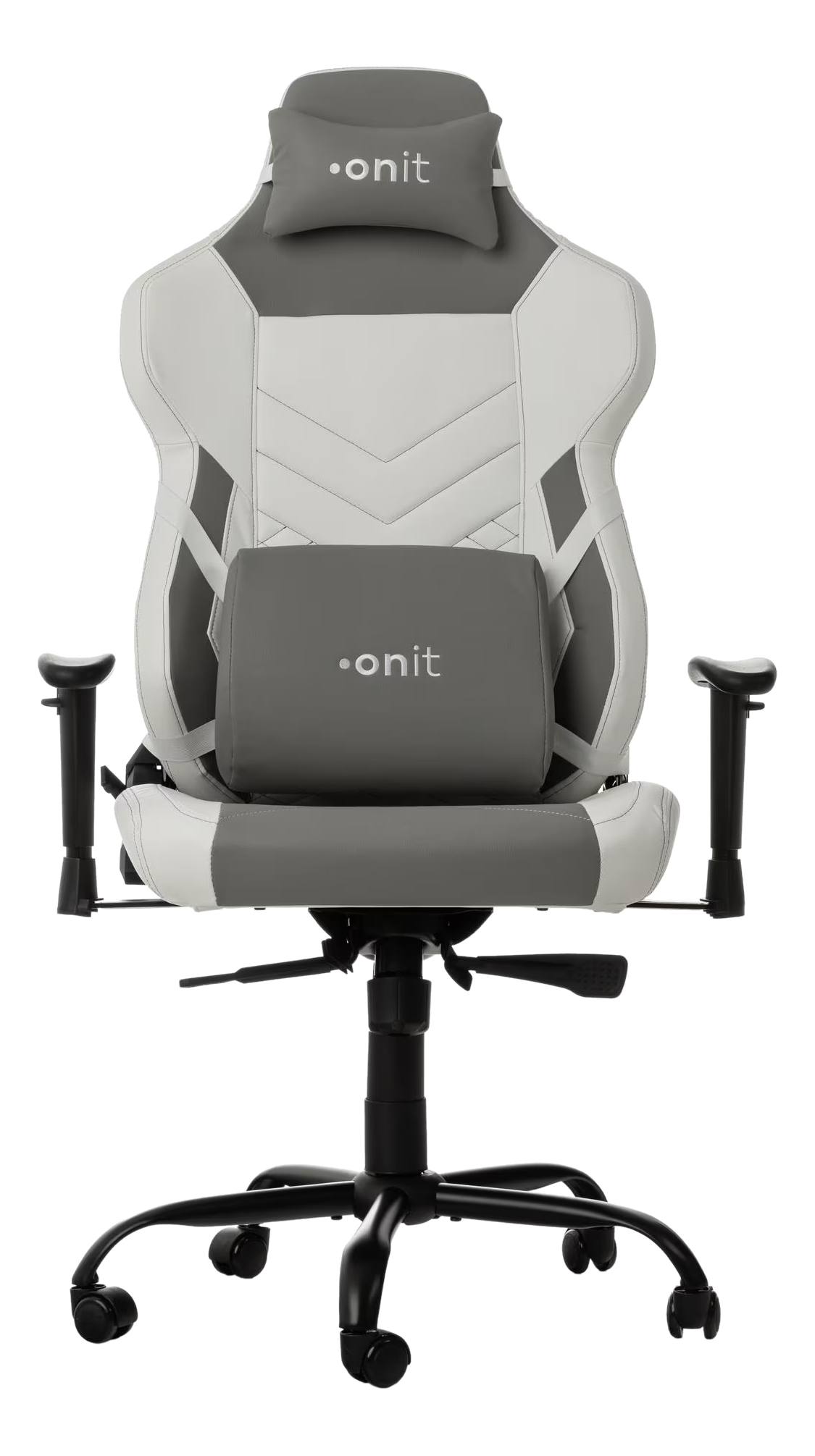 Ein weißer und grauer Gaming-Stuhl mit schwarzen Armlehnen und einer Kopfstütze mit 'onit'.