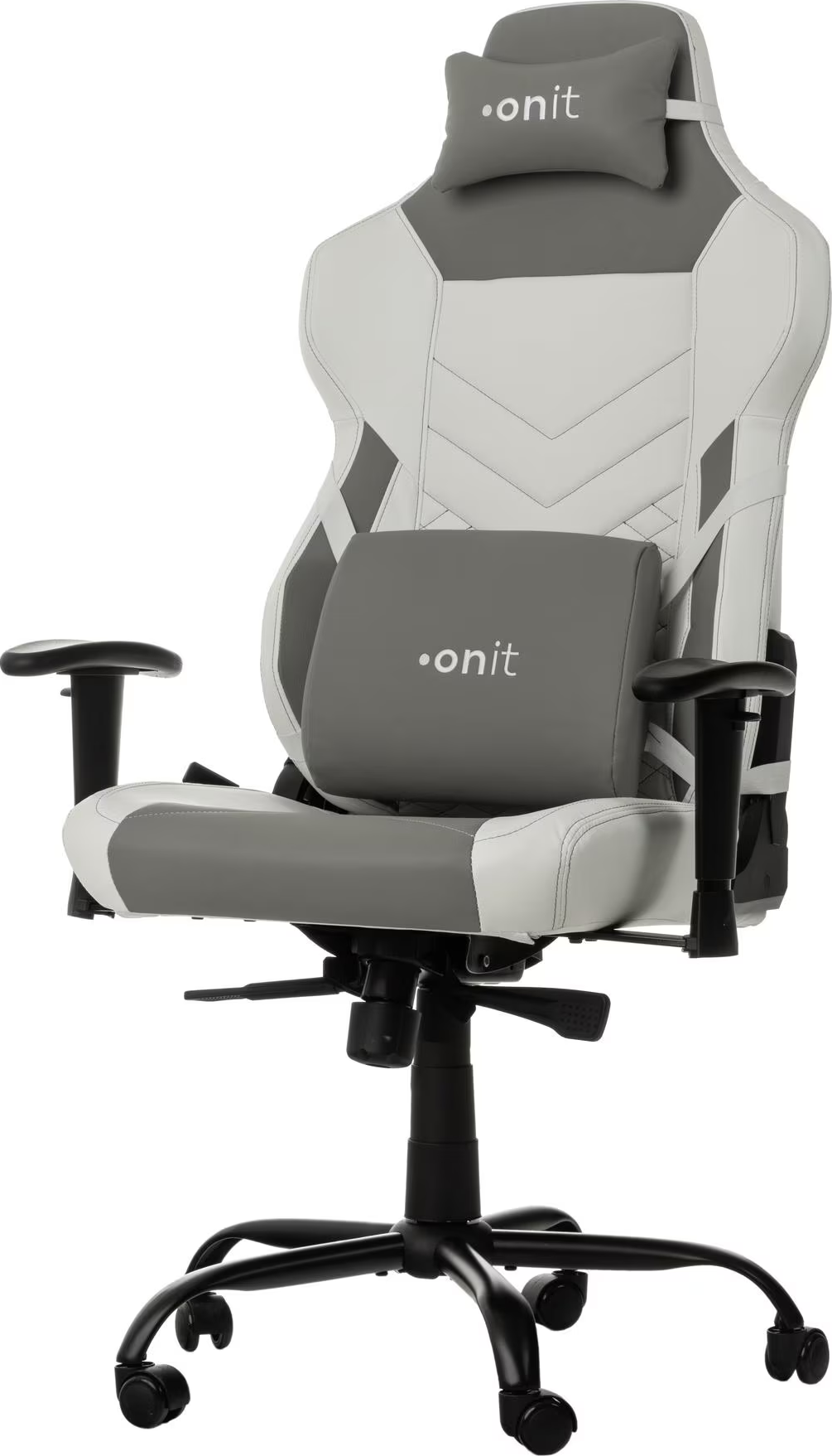 Ein weiß-grauer Gaming-Stuhl mit Kopf- und Lendenwirbelstütze auf schwarzer Basis.