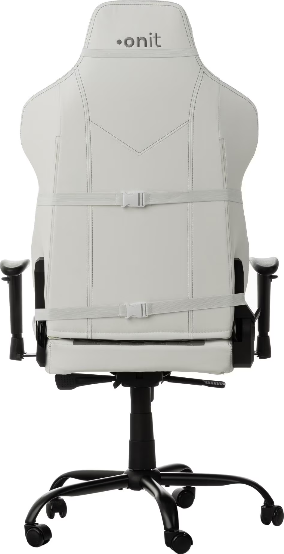 Ein weißer Gaming-Stuhl mit schwarzen Armlehnen und schwarzem Untergestell auf weißem Grund.