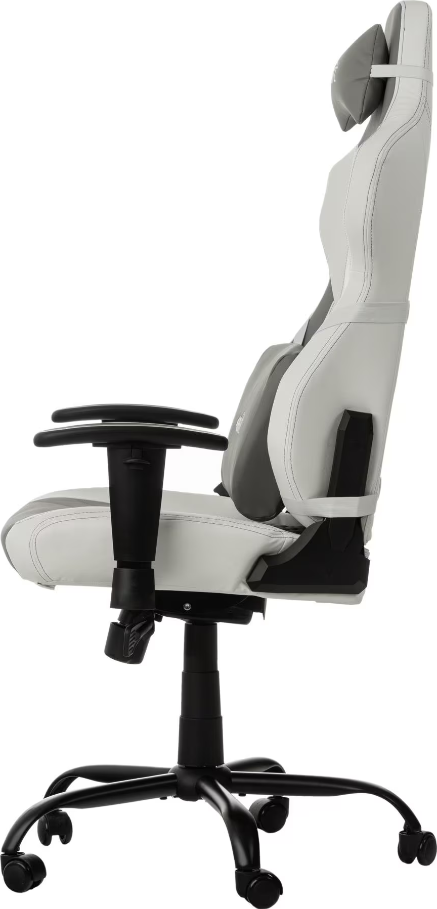 Seitenansicht eines weißen und grauen Gaming-Stuhls mit schwarzen Armlehnen.
