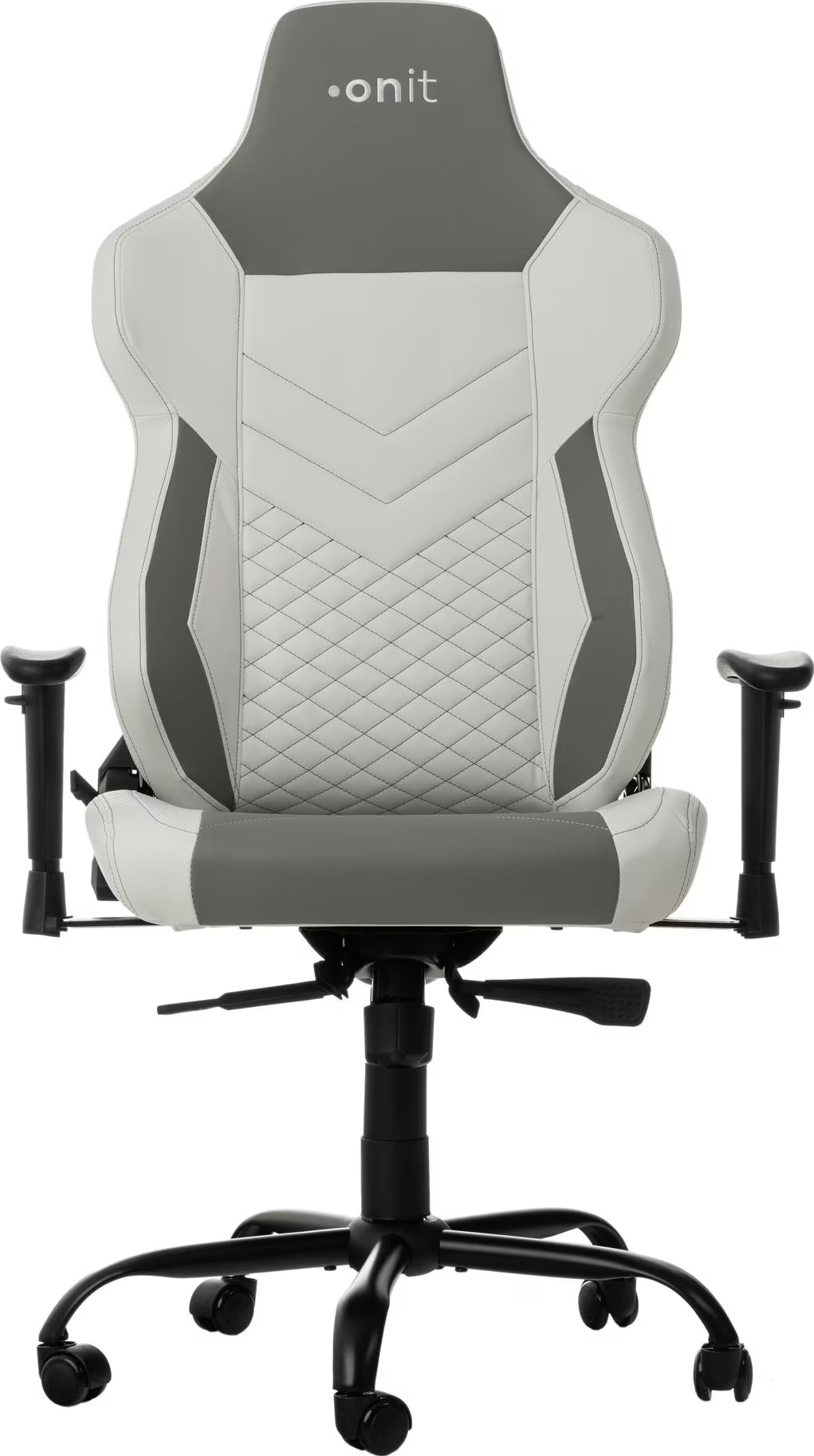 Weißer und grauer Gaming-Stuhl mit schwarzem Fuß.