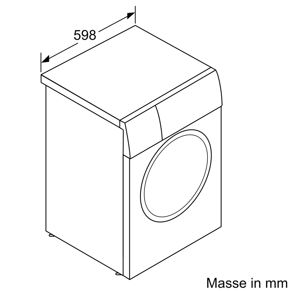 Eine weiße Waschmaschine, Abmessungen in mm, Draufsicht.