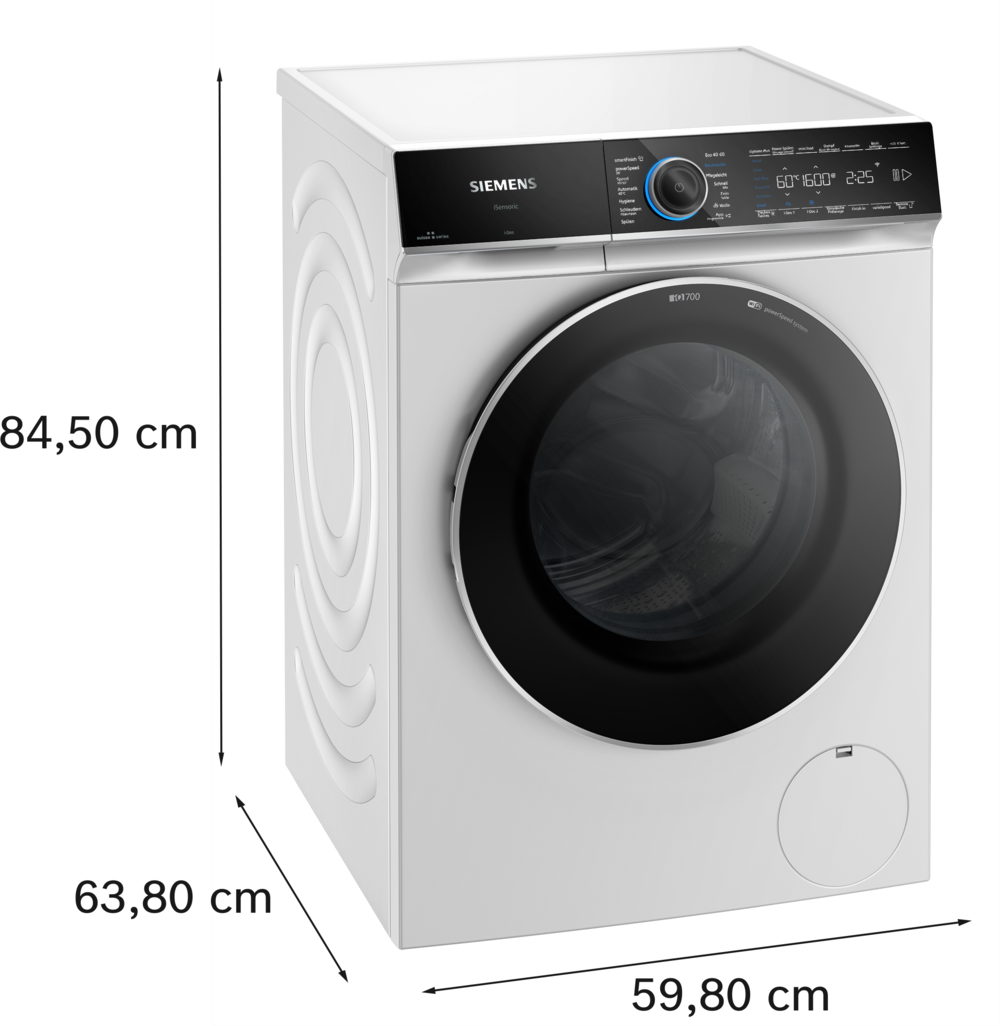Eine weiße Siemens Waschmaschine, schwarze Tür, schwarzes Bedienfeld.