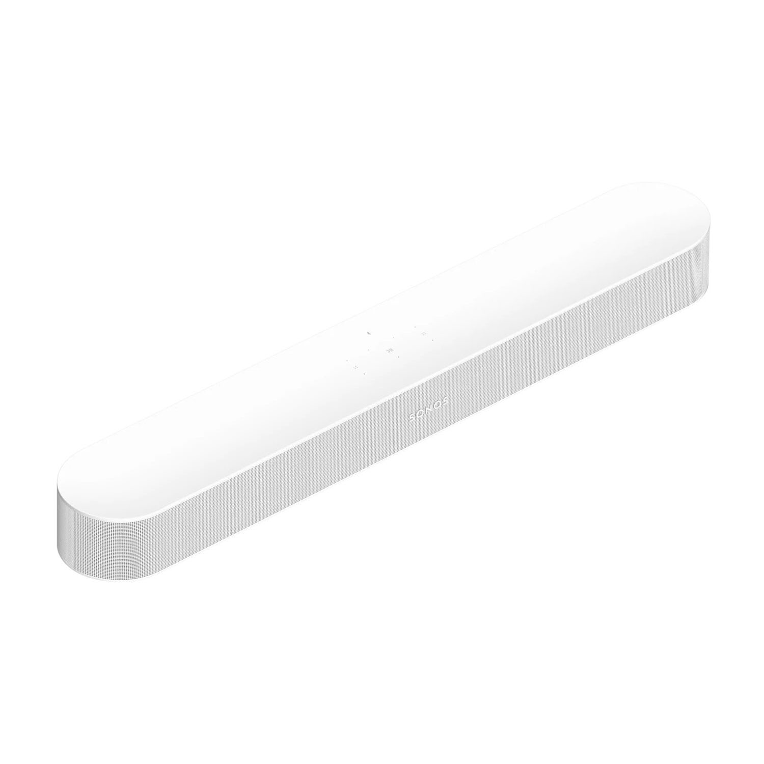 Soundbar bianca con griglia per altoparlanti grigia. L'immagine la mostra da un'angolazione su sfondo bianco.