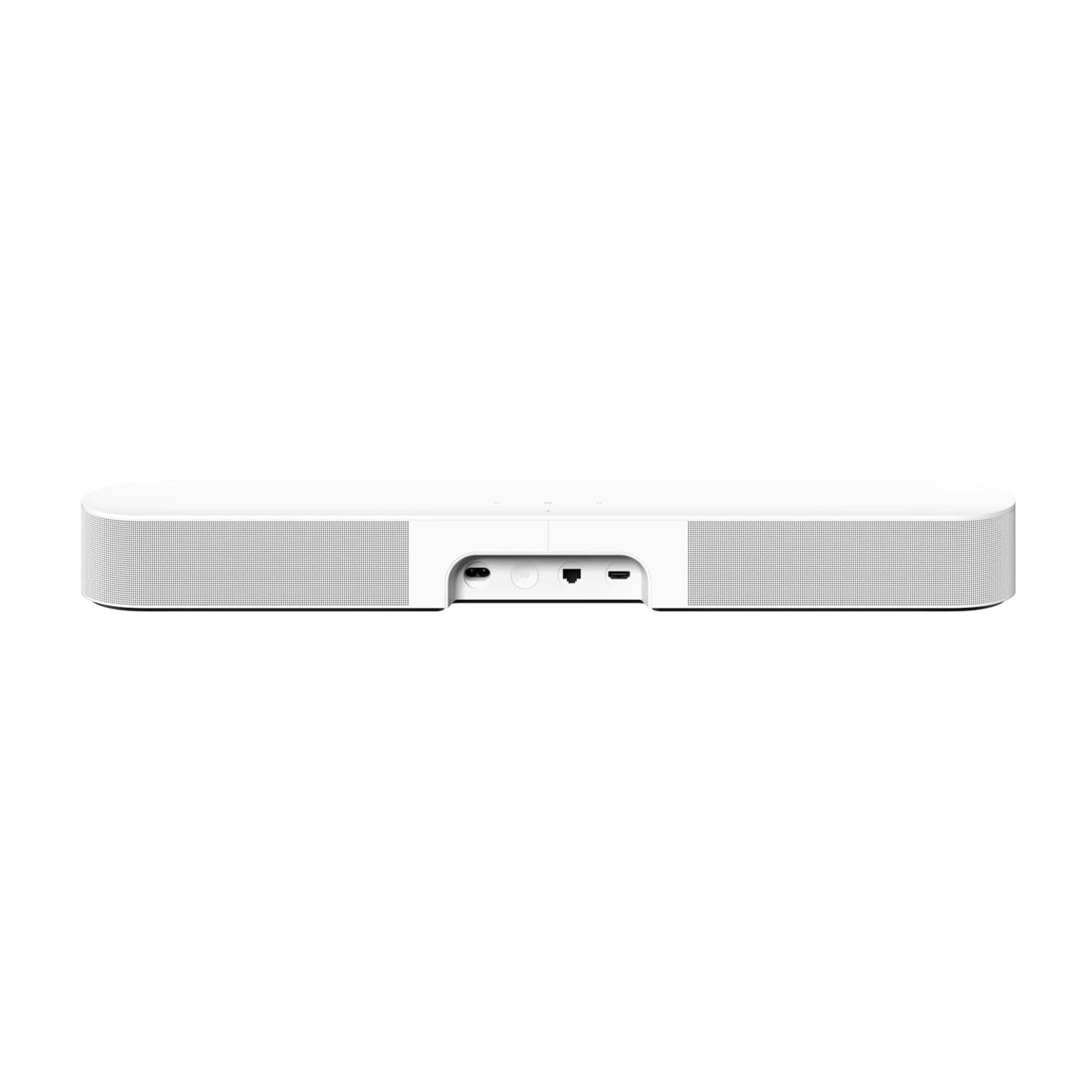 Sound bar bianca. Vista posteriore. Ha porte e pulsanti. Sfondo bianco.