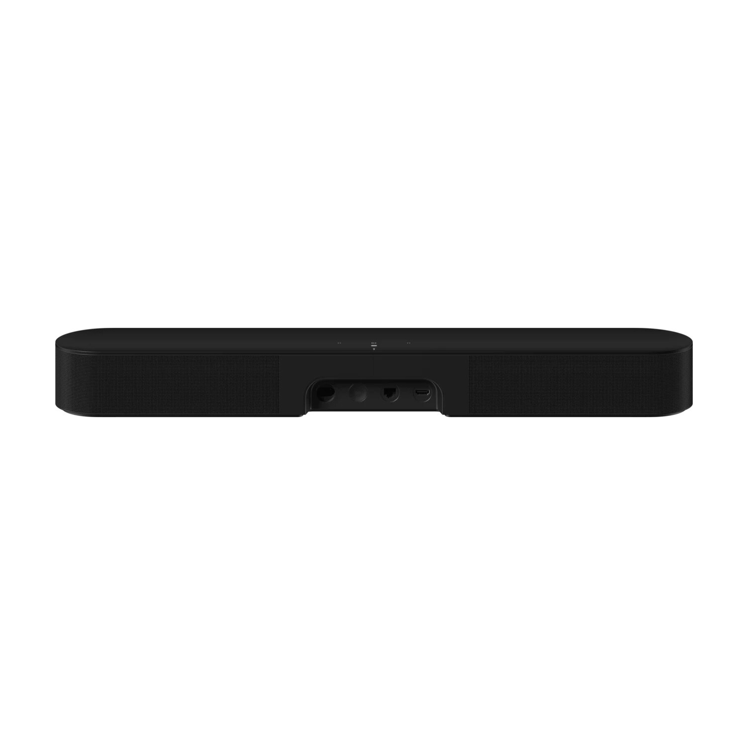 Vista posteriore di una soundbar nera. Ha porte e un'area incassata sul retro.