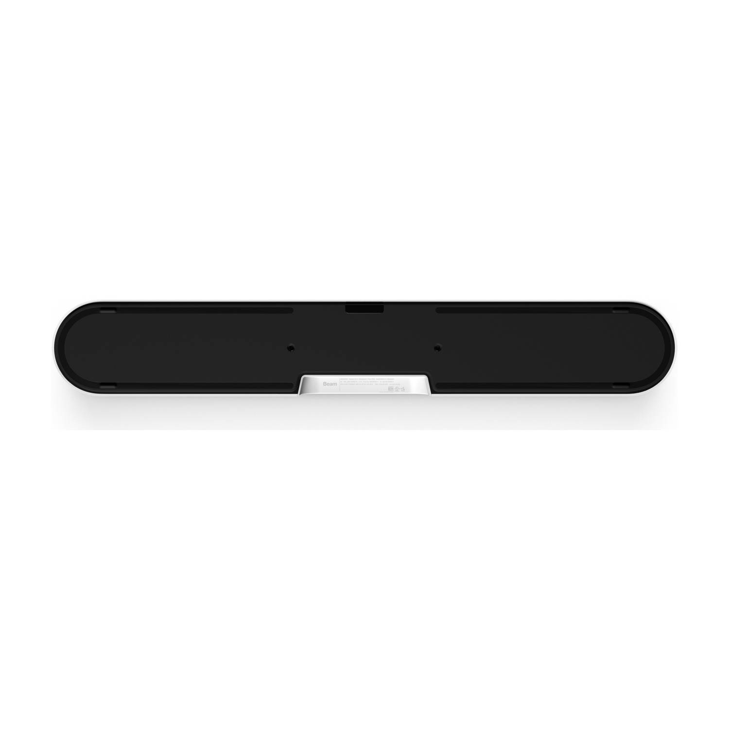 Vista inferiore di una soundbar nera con dettagli argentati, con il marchio 'Beam' visibile.