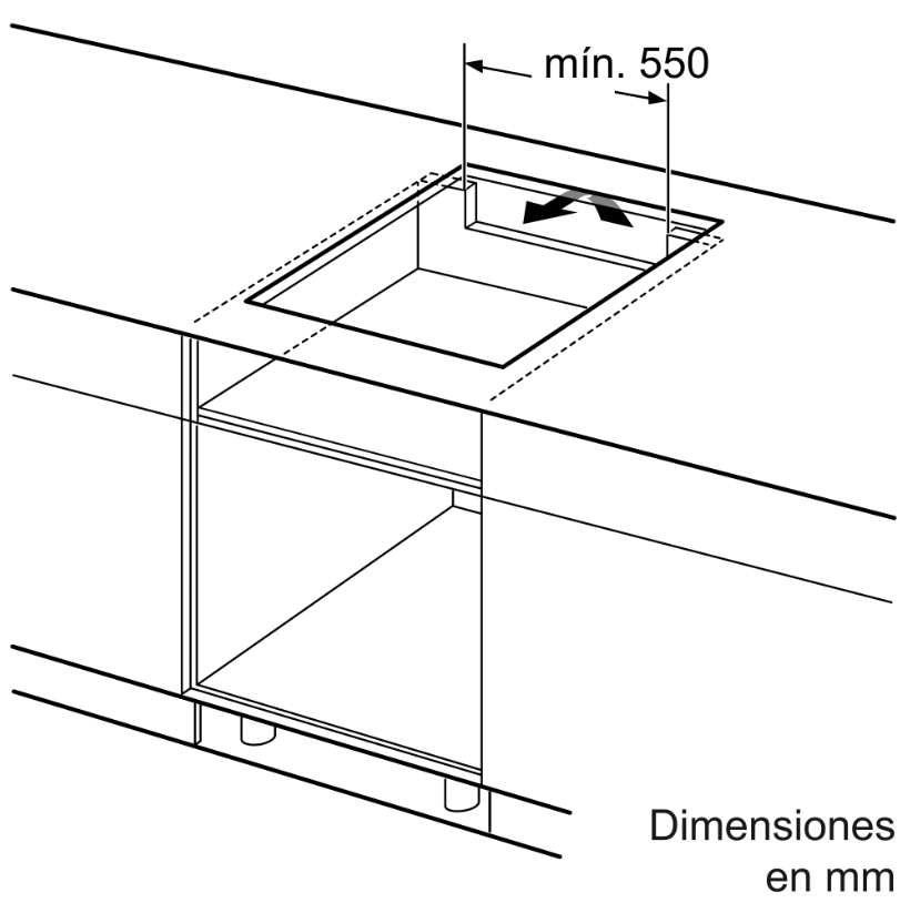 Diagrama que muestra el espacio de ventilación necesario para la instalación de una placa de cocina.